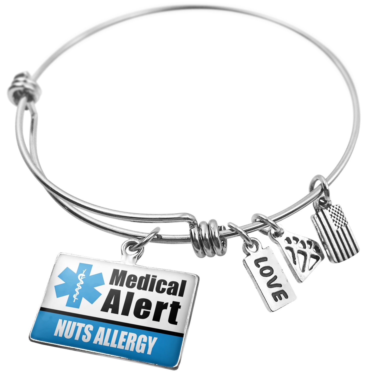 Expandable Wire Bangle Bracelet - Medical Alert ID for Nut Allergies (Blue) - Perfect for Everyday Wear, Travel & Emergency Situations
