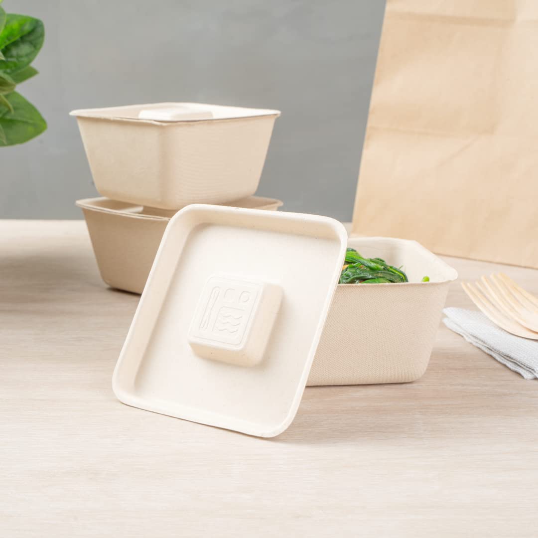 Eco-Friendly 9-OZ Bagasse Bowl Lids - 100 Count Square Disposable Pulp Tek Lids for Sugarcane Fiber Bowls | Biodegradable & Compostable | Perfect for Restaurants, Catering & Takeout Meals