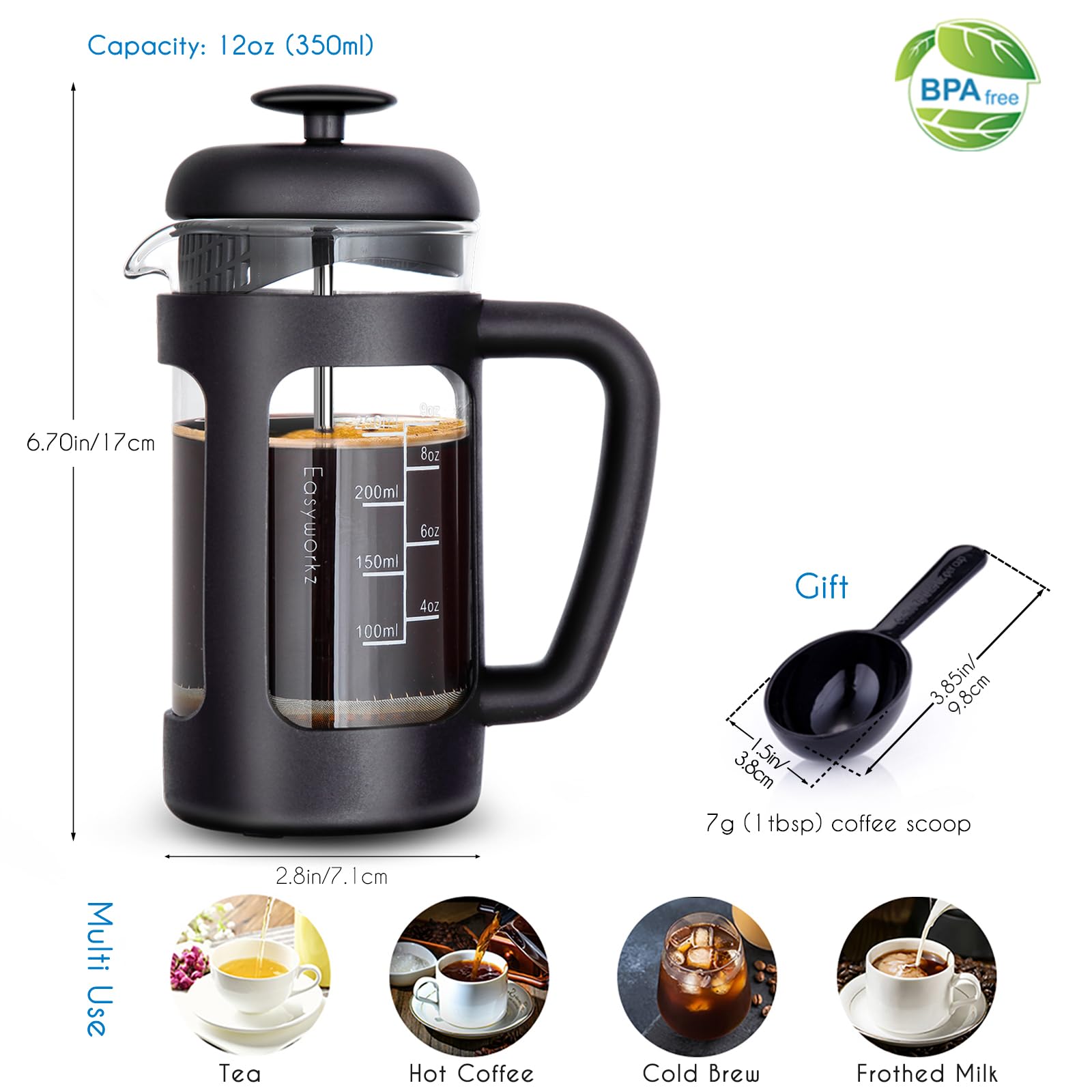 Easyworkz 12 oz French Press Coffee & Tea Maker - Borosilicate Glass, Soft Grip Handle - Perfect for Home, Office & Camping Brewing