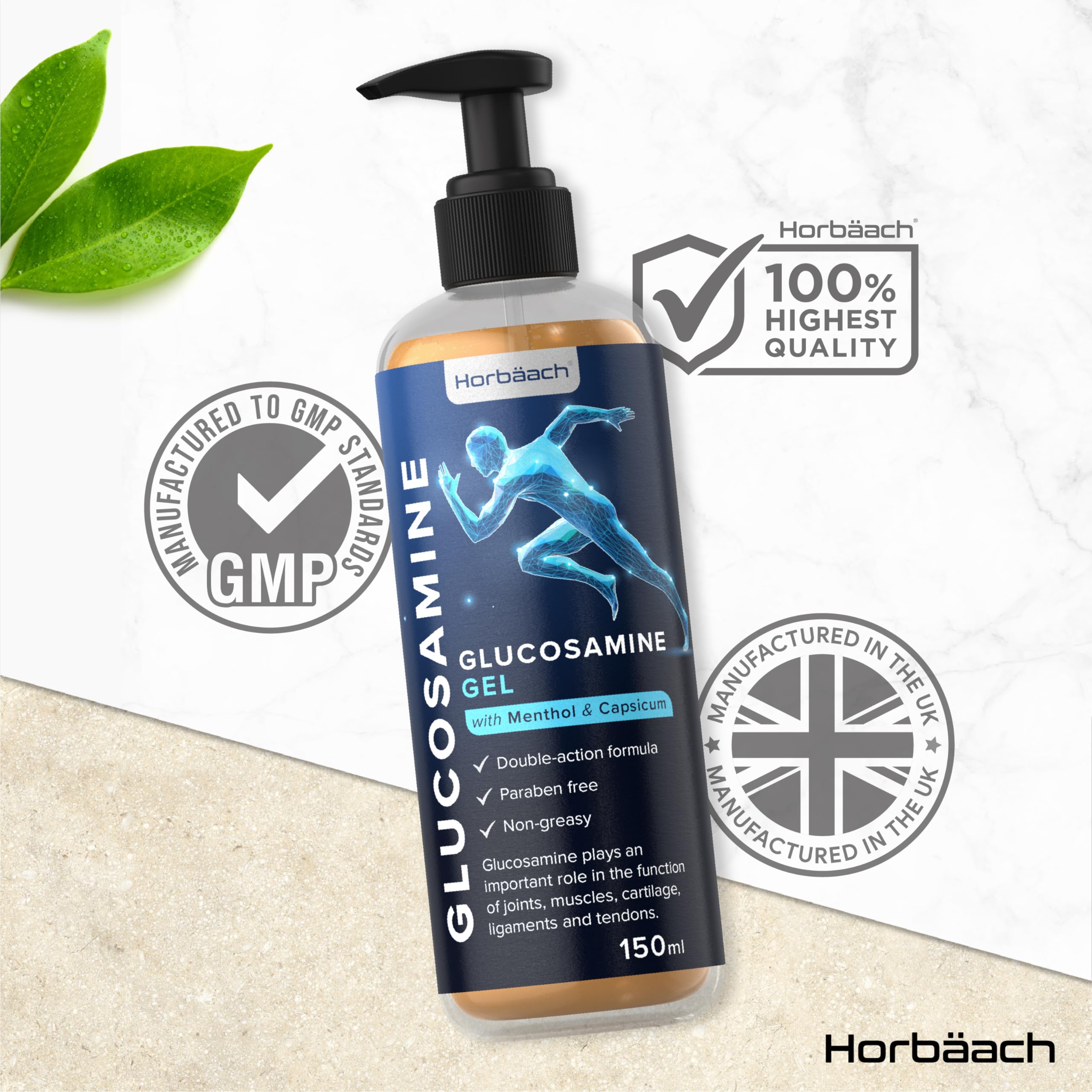 Horbaach Glucosamine Gel with Menthol & Capsicum - 150ml Fast Absorbing, Non-Sticky, Non-Greasy Joint Pain Relief Gel for Arthritis, Muscle & Back Pain - Perfect for Active Lifestyles & Post-Workout Recovery