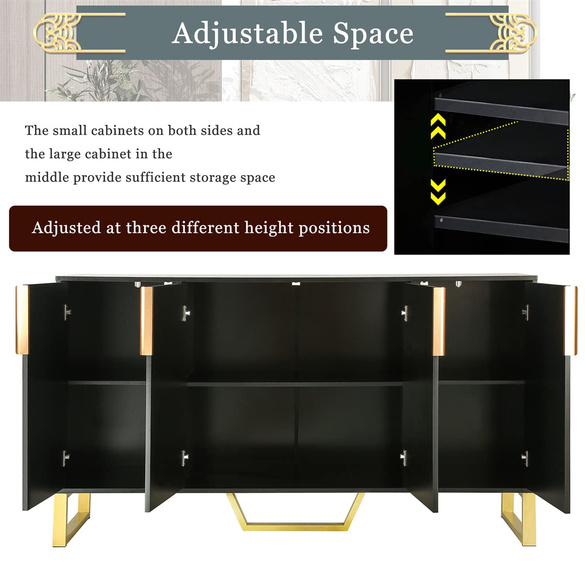 Modern 4-Door Mid Century Storage Cabinet with Metal Handles & Legs - Adjustable Shelves Kitchen & Living Room Sideboard - Black | Perfect for Dining Room, Hallway & Home Office Organization
