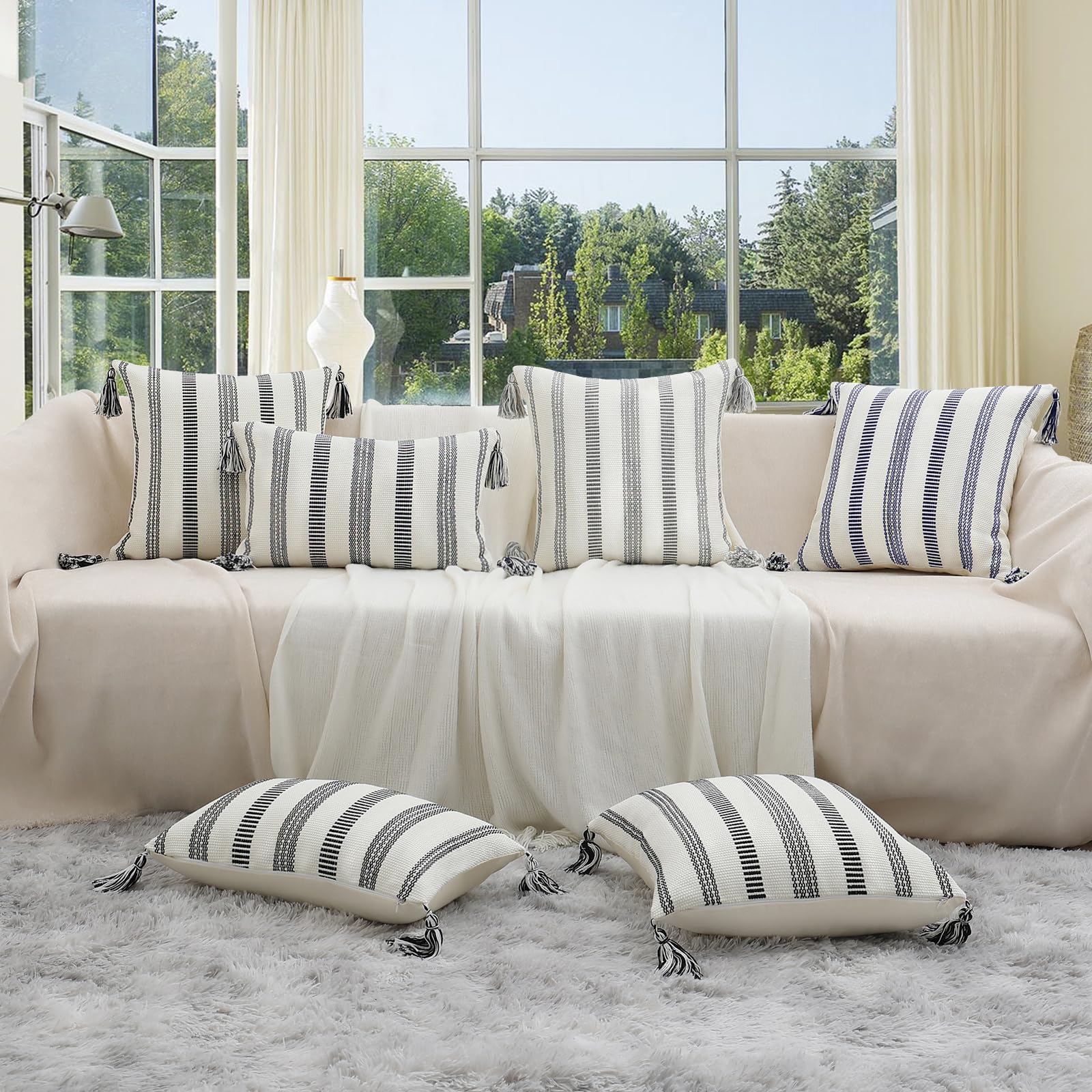 Boho Spring Throw Pillow Covers Set of 2 - 20x20 Inch Decorative Woven Striped Cushion Covers with Tassels for Couch, Bed & Sofa - Black & Cream White - Perfect for Living Room, Patio & Boho Home Decor
