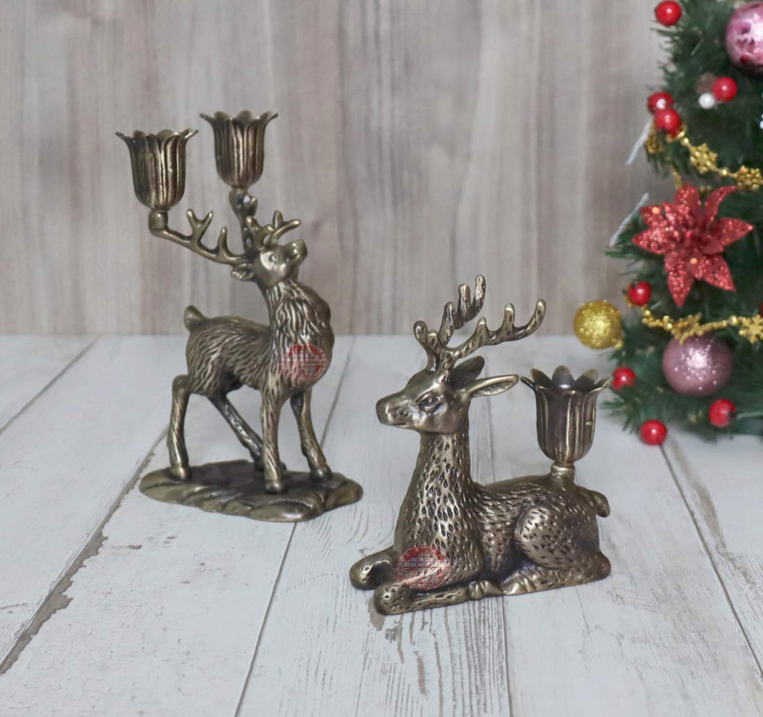 Brass Christmas Reindeer Candle Holders - Set of 2, Elegant Deer Candlestick Holders for Mantel, Table, Window or Fireplace Decor, Perfect Holiday Season Home Decoration & Gift Idea for Christmas