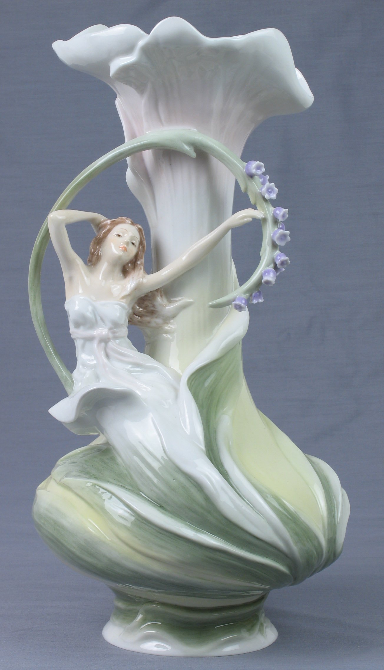 13 Inch White Glazed Porcelain Vase with Nymph and Bluebells Design - Perfect for Home Decor, Wedding Centerpieces & Luxury Gift Giving