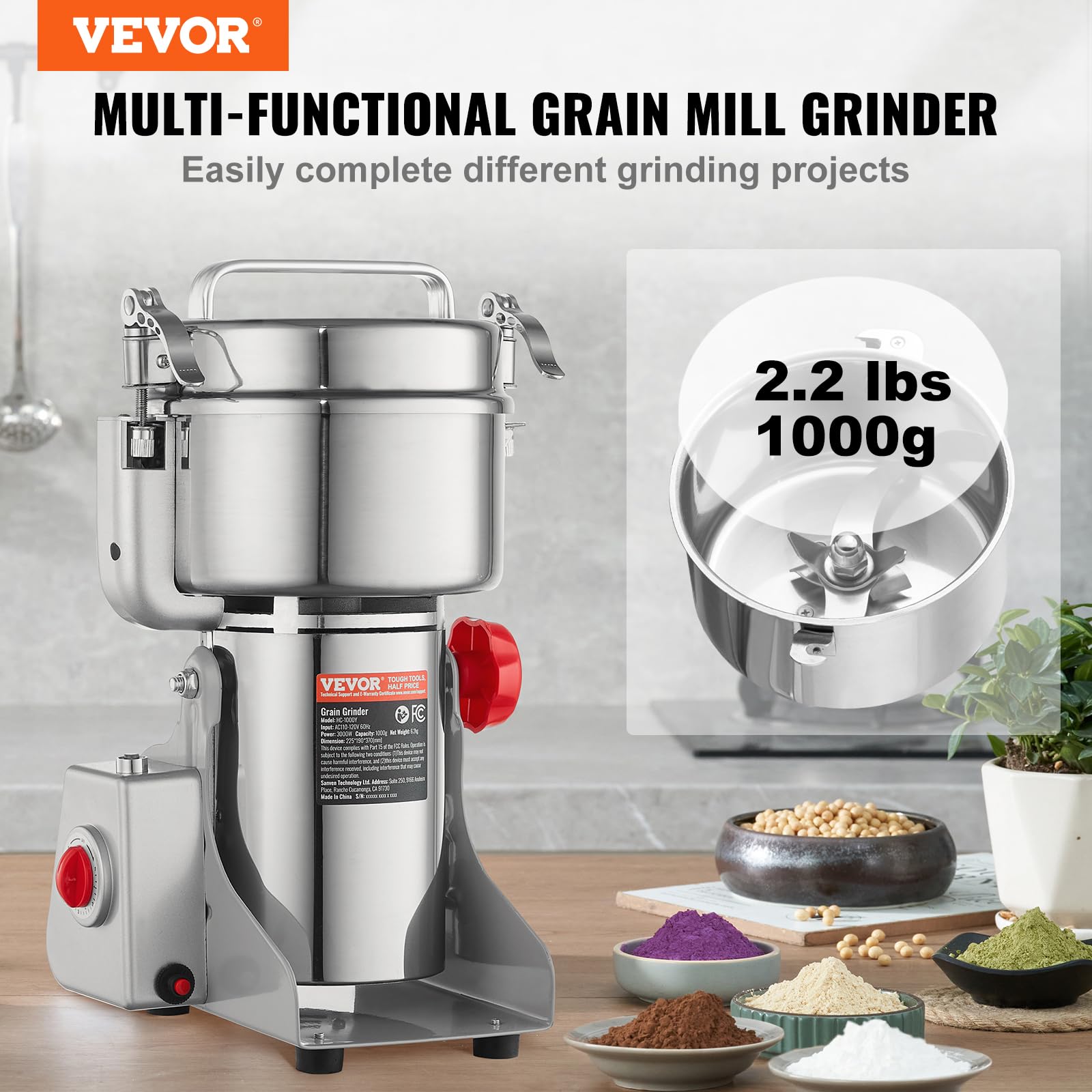 VEVOR 1000g Electric Grain Mill Grinder - 3000W High-Speed Commercial Spice Grinder | Stainless Steel Powder Machine for Coffee, Corn, Pepper & Dry Grains | Perfect for Bakeries, Coffee Shops & Home Kitchens