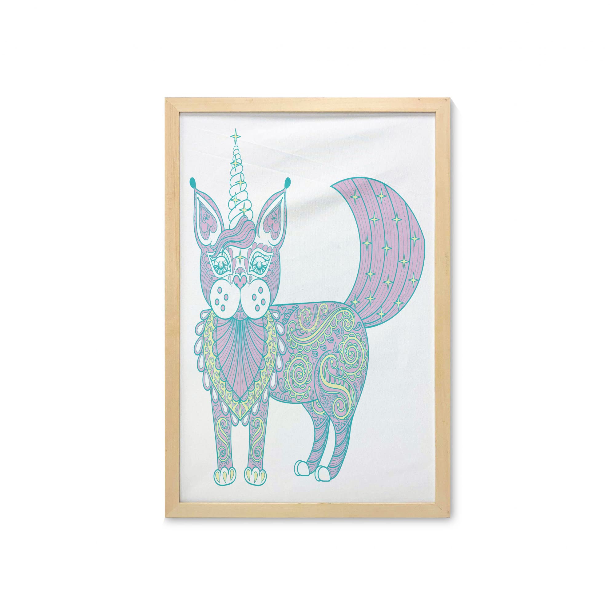 Ambesonne Unicorn Cat Wall Art with Frame - Boho Magic Cat Print Poster for Bathroom, Living Room, Dorm Decor - 23