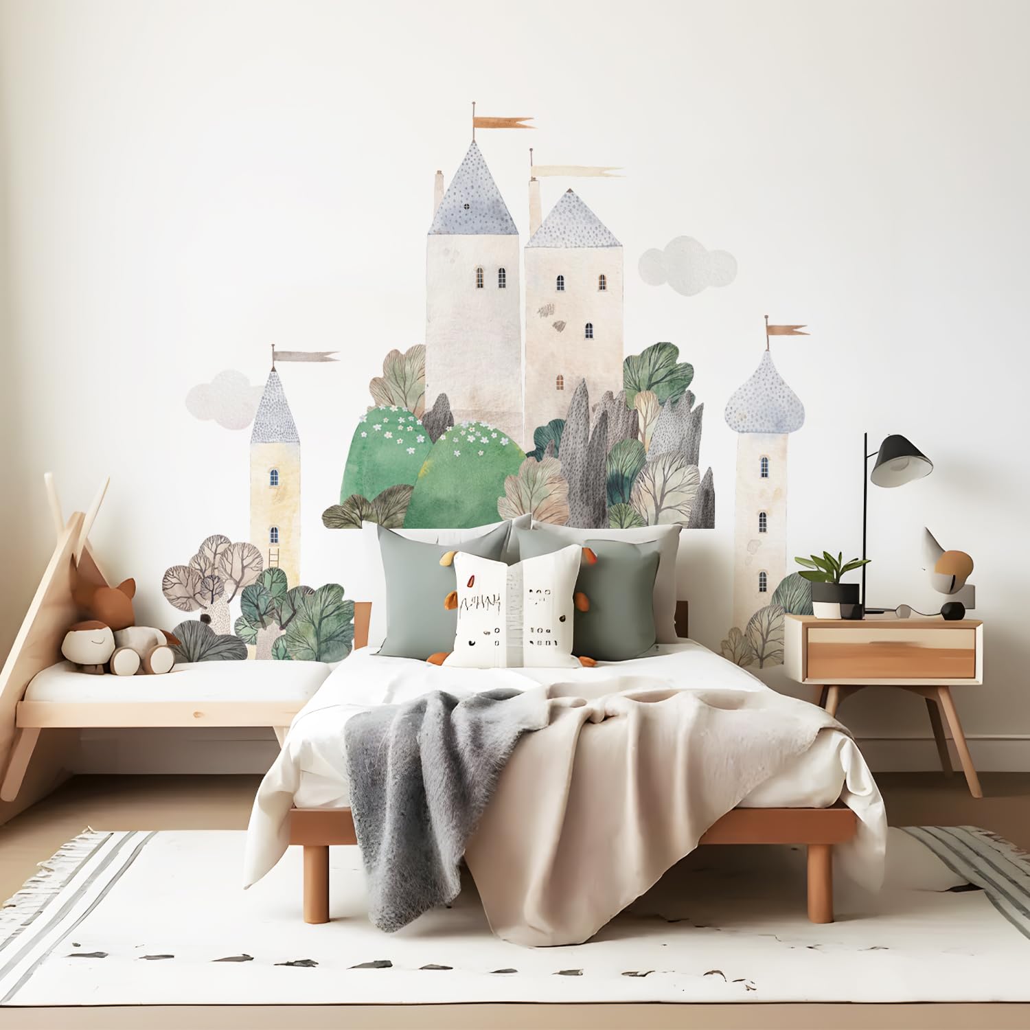 astrkiz Large Watercolor Wall Decals - Peel and Stick Self-Adhesive Vintage Wall Stickers for Kids Bedroom, Playroom & Nursery Decor - Fairy Tale Assembled Hill Castle Design - Perfect for Children's Room, Daycare & Play Area Wall Decoration