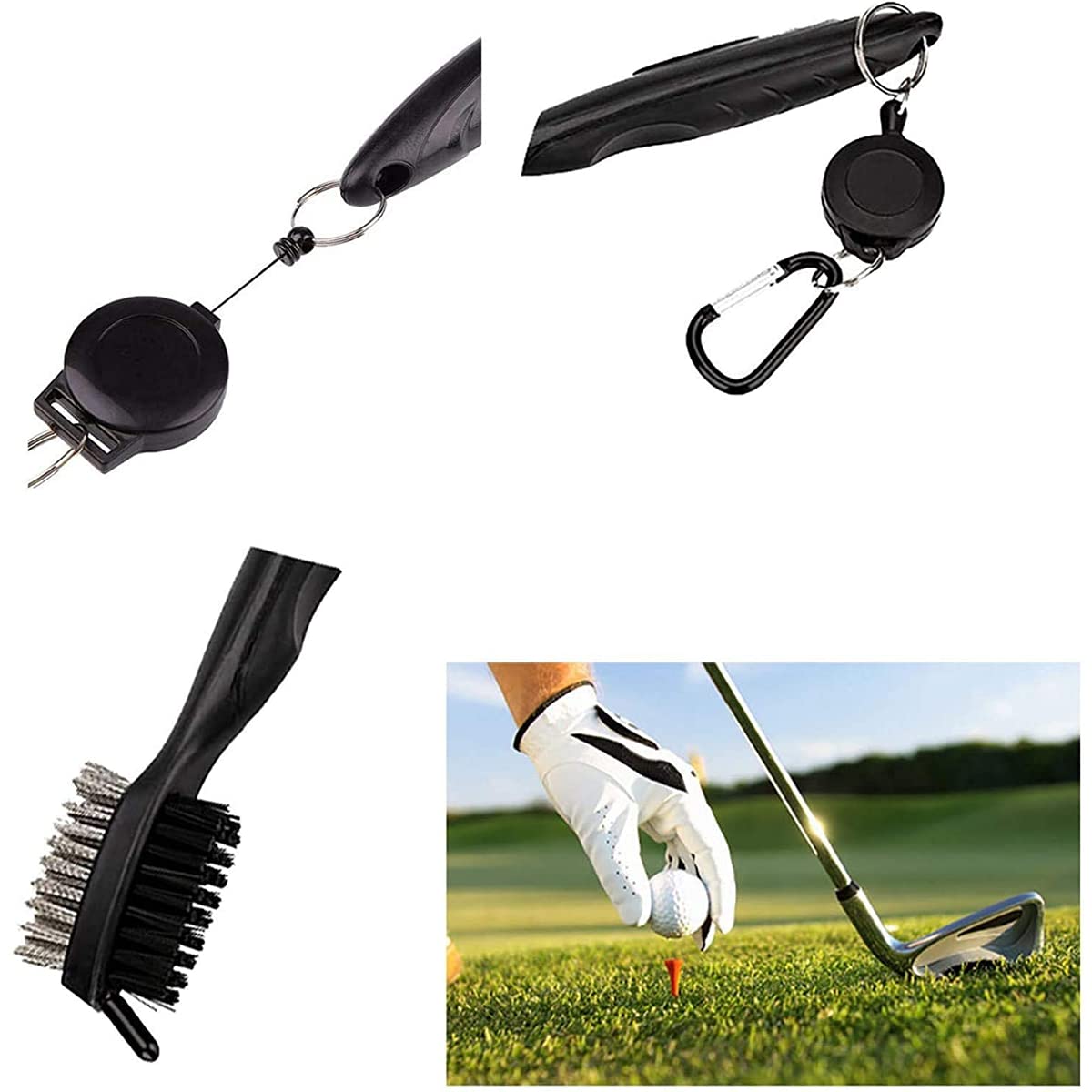 Premium Golf Club Groove Brush Cleaner - Dual Bristle Golf Accessories Cleaning Tool with Retractable Zip-line & Aluminum Carabiner - Perfect for Golf Bag Organization & On-Course Club Maintenance