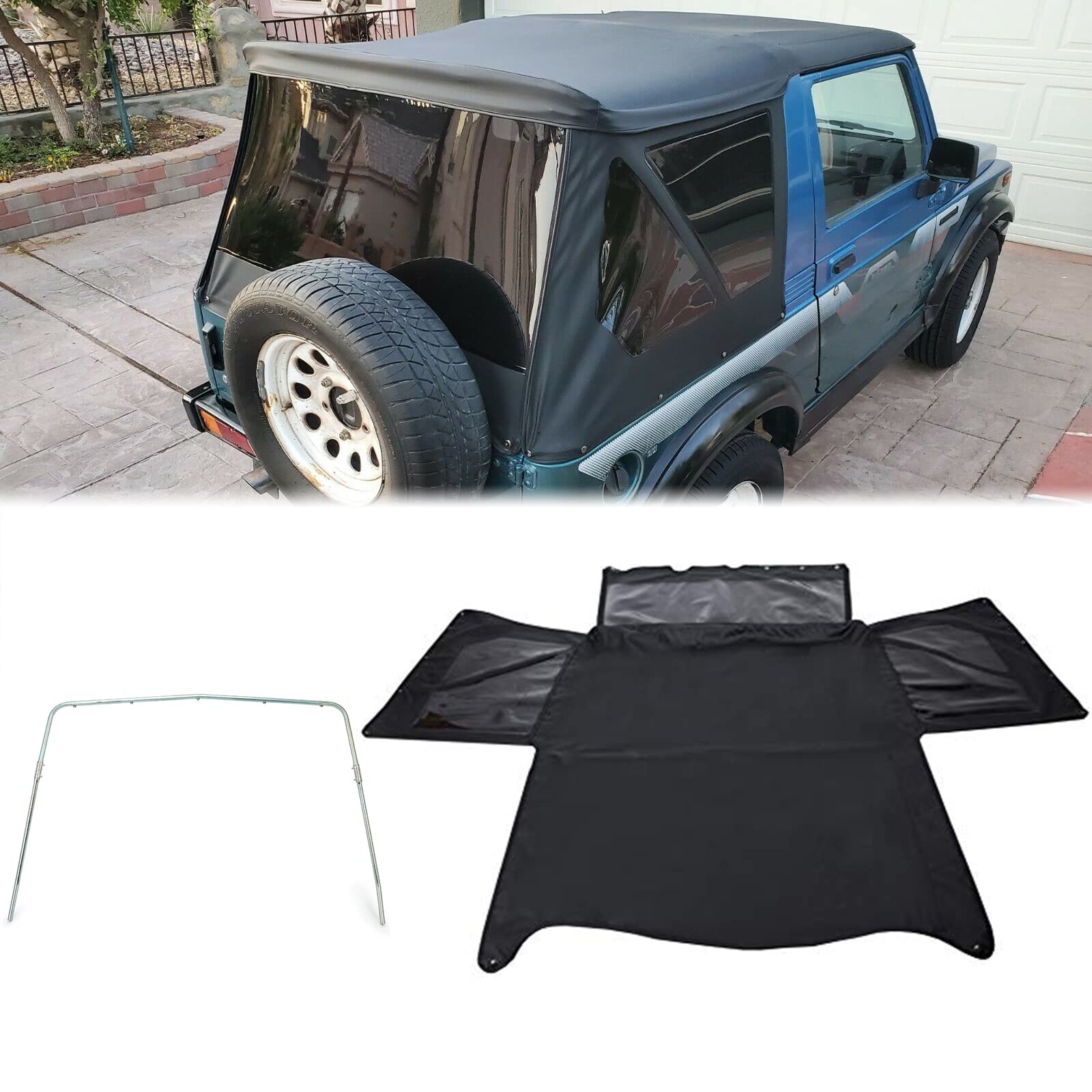 1986-1994 Suzuki Samurai Convertible Soft Top with 3-Piece Support Bow & Zip-Out Windows - Durable Replacement Roof for Off-Road Adventures (2-Piece Set) - Perfect for Jeep Wrangler, Summer Camping & Outdoor Exploration