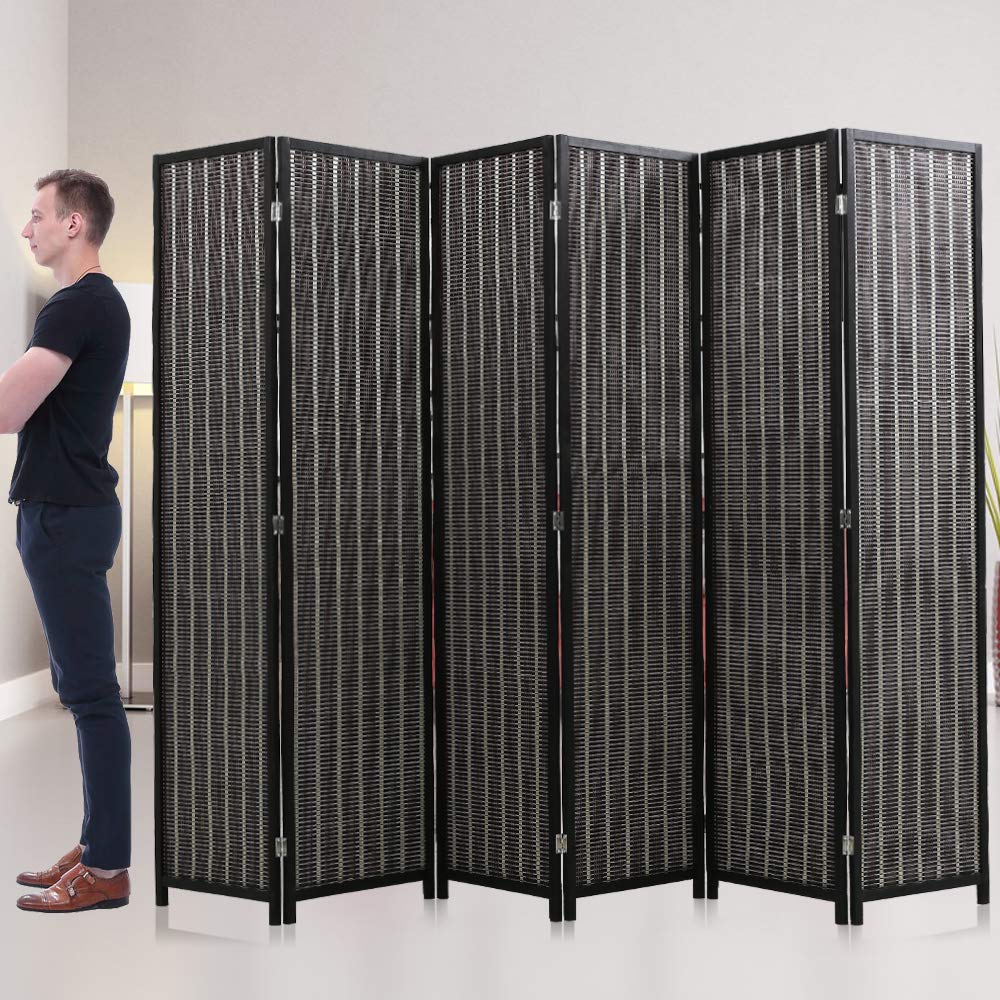 6 Panel Folding Room Divider Privacy Screen - 72 Inch Tall Portable Partition with Handwoven Bamboo Mesh Design - Freestanding Room Separator for Home Office, Bedroom, and Event Spaces - Black