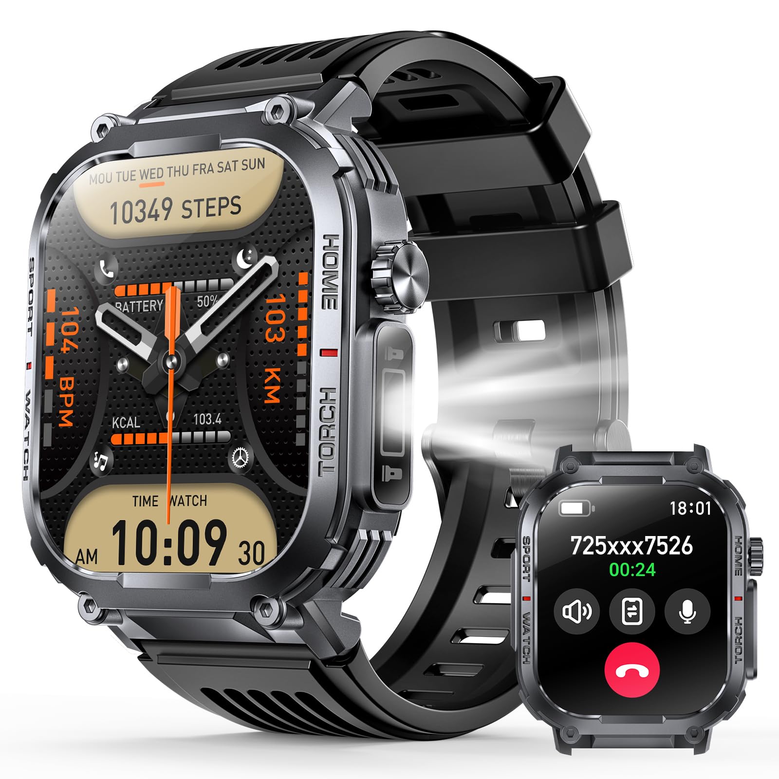 Military Smart Watch - Fitness Tracker with LED Flashlight & Waterproof for iPhone/Android - Outdoor Sports & Daily Use