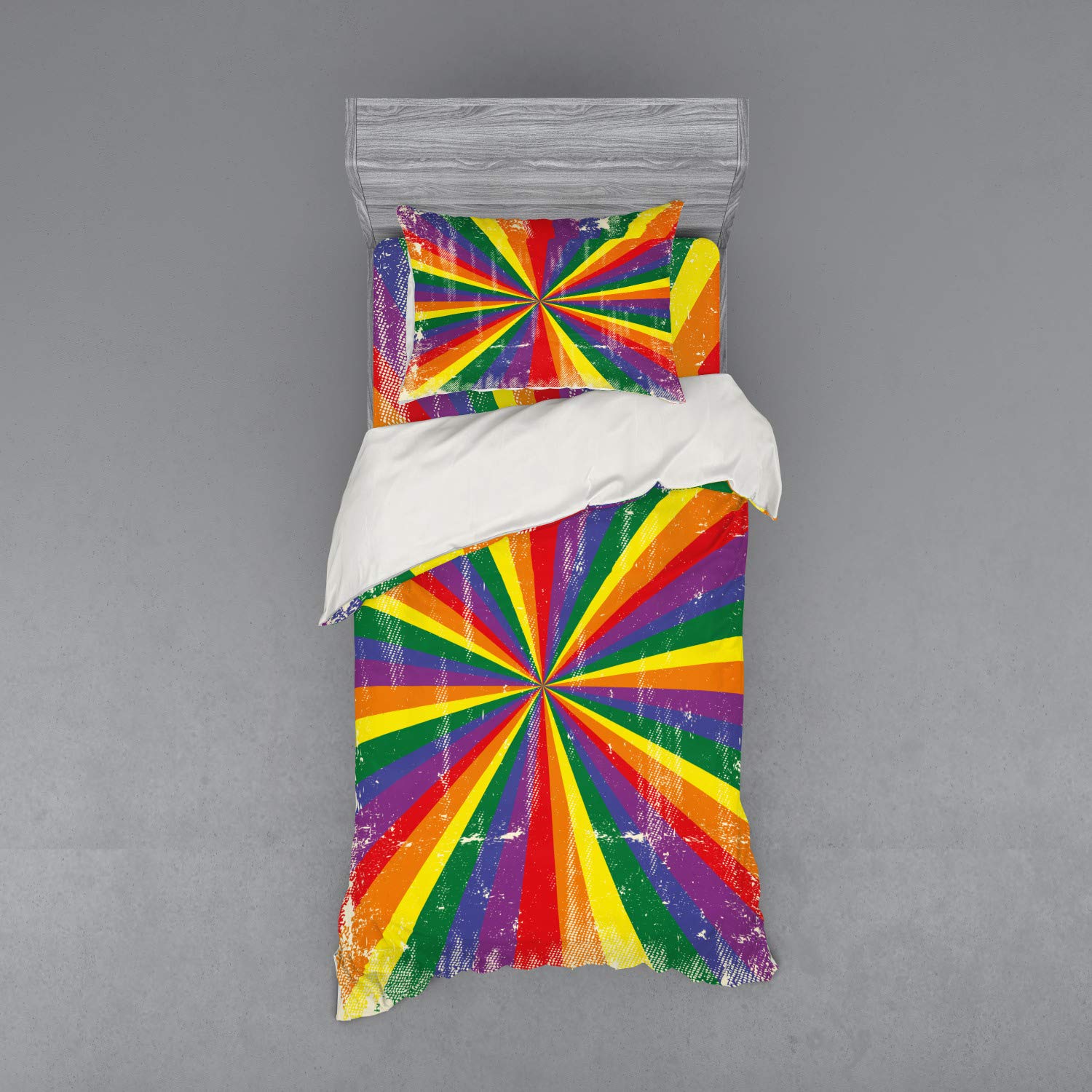 Ambesonne Pride Duvet Cover Set - Vintage Radial Design for LGBTQ+ Couples | 3-Piece Bedding Set with Sham & Fitted Sheet | Twin Size Multicolor | Perfect for Pride Month, Bedroom Decor & Same-Sex Couples' Homes