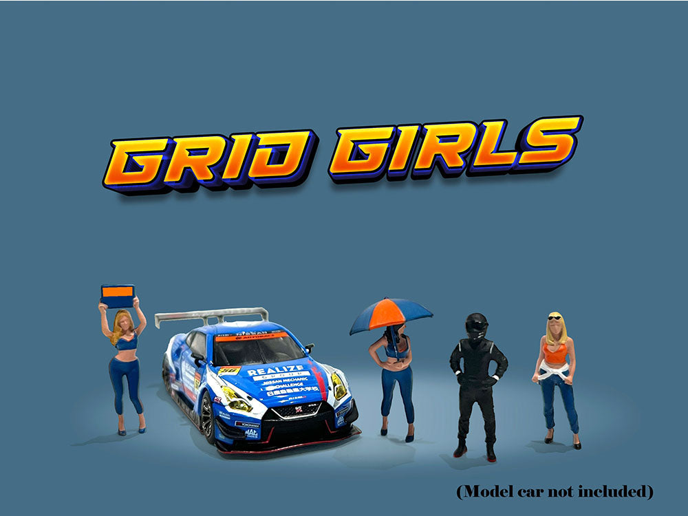 American Diorama 1/64 Scale Grid Girls 5-Piece Diecast Figure Set - 4 People Figures + 1 Umbrella, Limited Edition (3600 Worldwide) - Perfect for Model Car Displays, Diorama Scenes & Racing Collectors