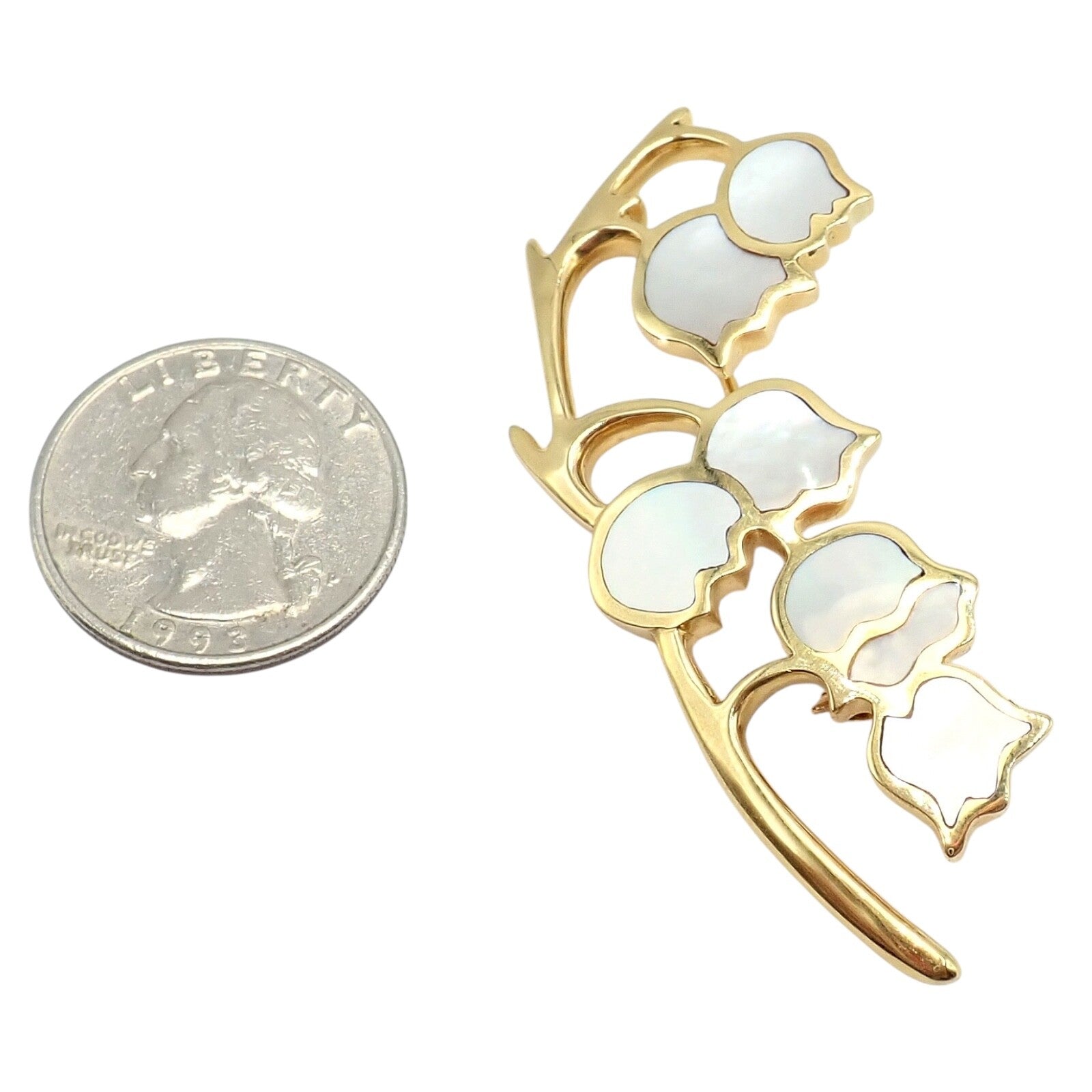 Tiffany & Co Cummings 18k Yellow Gold Mother of Pearl Lily of the Valley Flower Pin Brooch - Elegant Vintage Jewelry for Women, Perfect for Weddings, Parties & Special Occasions