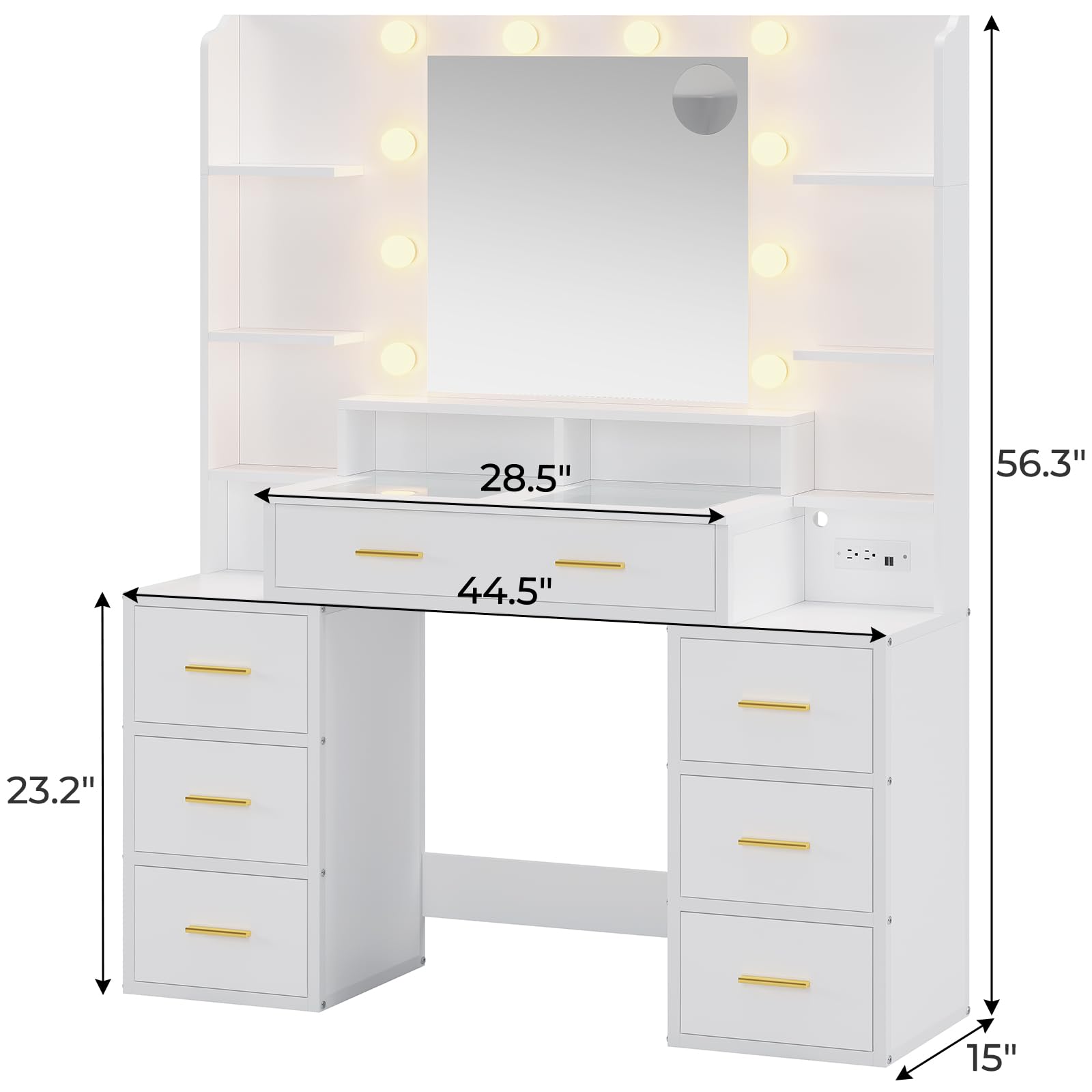 White Glass Top Vanity Desk with LED Lights & Charging Station - 10x Magnifying Mirror, 8 Drawers, Acrylic Organizers - Perfect Makeup Vanity for Bedroom, Dressing Room & Beauty Salon