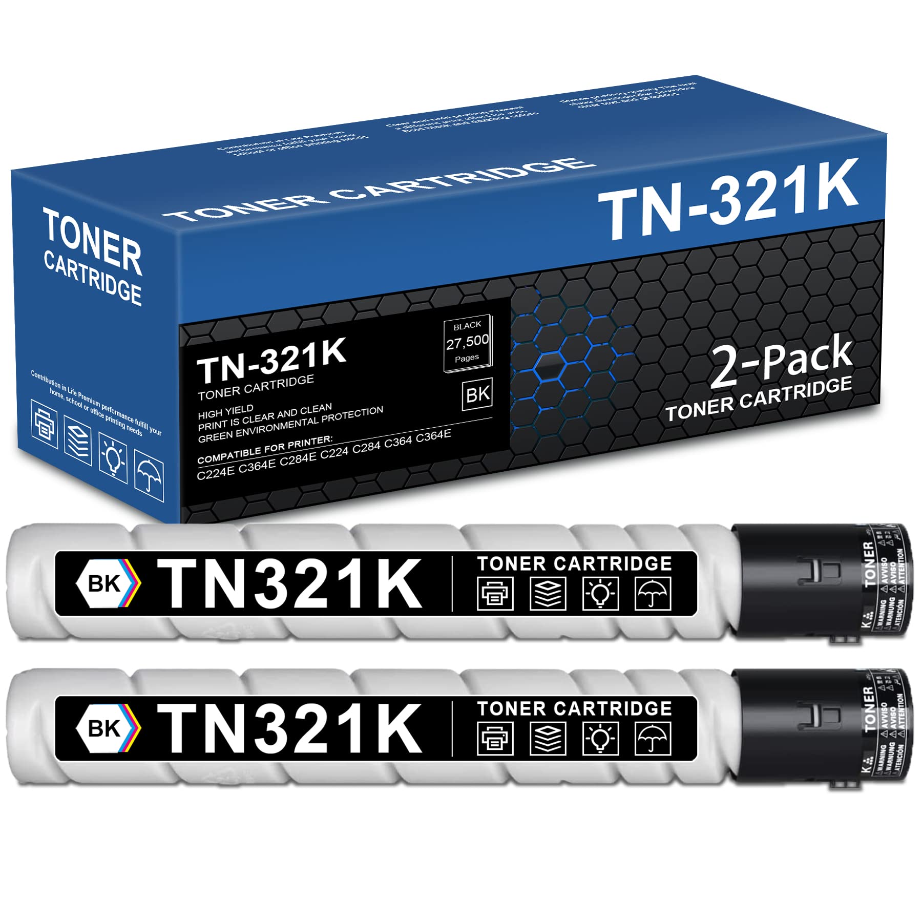High-Yield TN321K TN-321K Replacement Toner Cartridge (27,500 Pages) for Konica Minolta Bizhub C224e/C284e/C364e Printers | 2-Pack Black | Compatible with Konica Minolta Bizhub Series | Perfect for Office, High-Volume Printing & Commercial Use