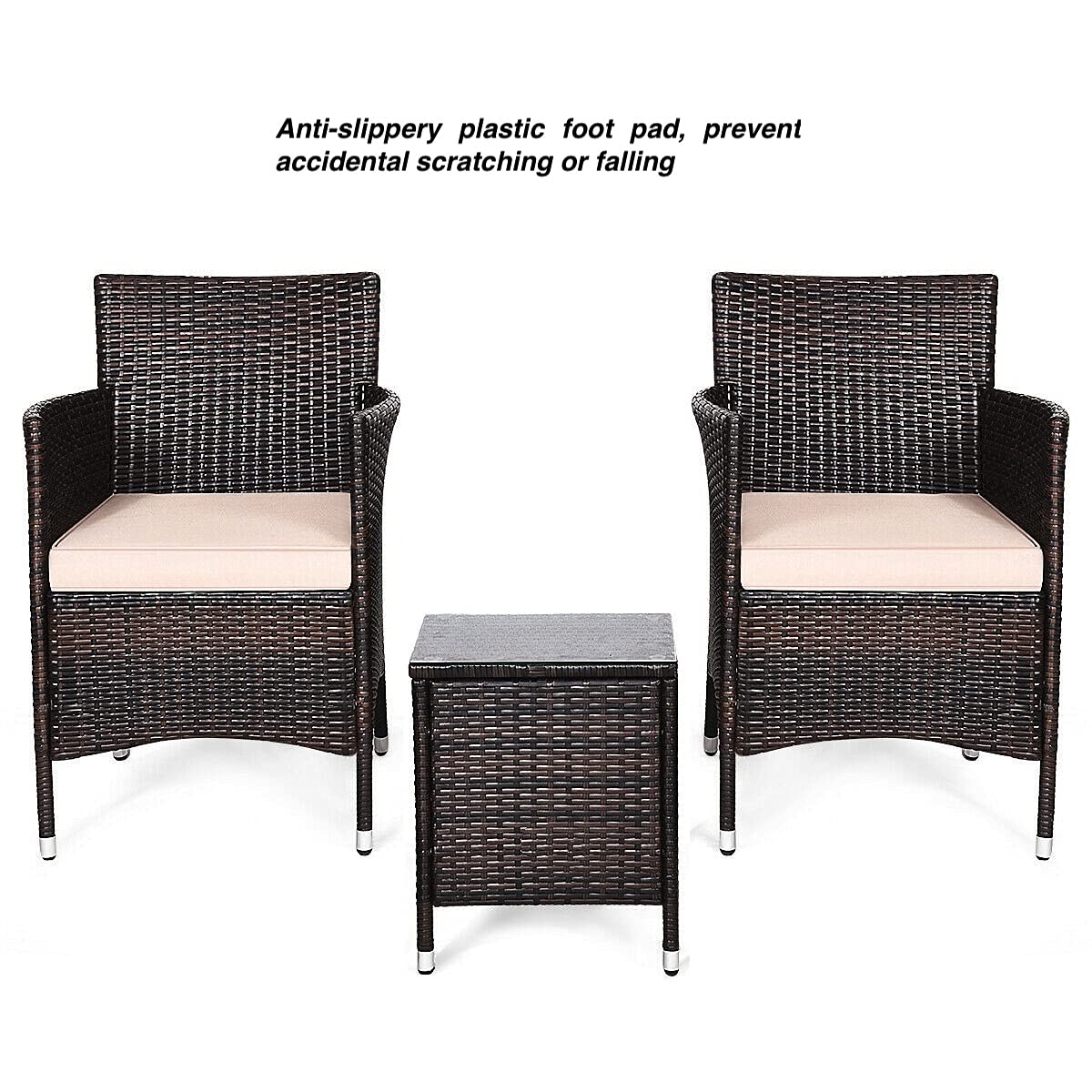 3-Piece Outdoor Patio Furniture Set with 2 Rattan Chairs & 1 Tempered Glass Coffee Table - Beige Cushions for Backyard, Deck, Balcony, Poolside & Outdoor Living Spaces - Perfect for Relaxing, Entertaining & Enjoying Nature
