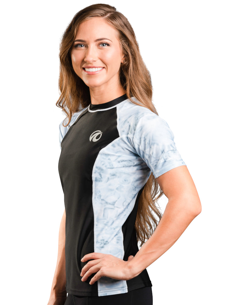 Women's Short Sleeve Rash Guard Surf Shirt - UPF 50+ Sun Protection, Quick Dry Swim Top with Aqua Design | Perfect for Surfing, Swimming, Beach & Water Sports