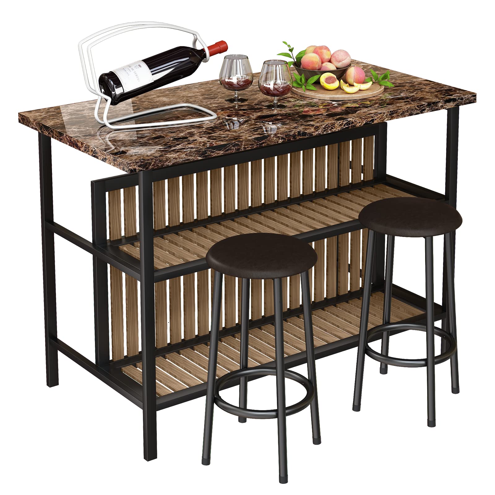 AWQM 3-Piece Wooden Bar Table Set with Storage & Seating - Kitchen Island Counter Height Dining Set in Brown - Perfect for Small Spaces, Breakfast Nook & Entertaining Guests