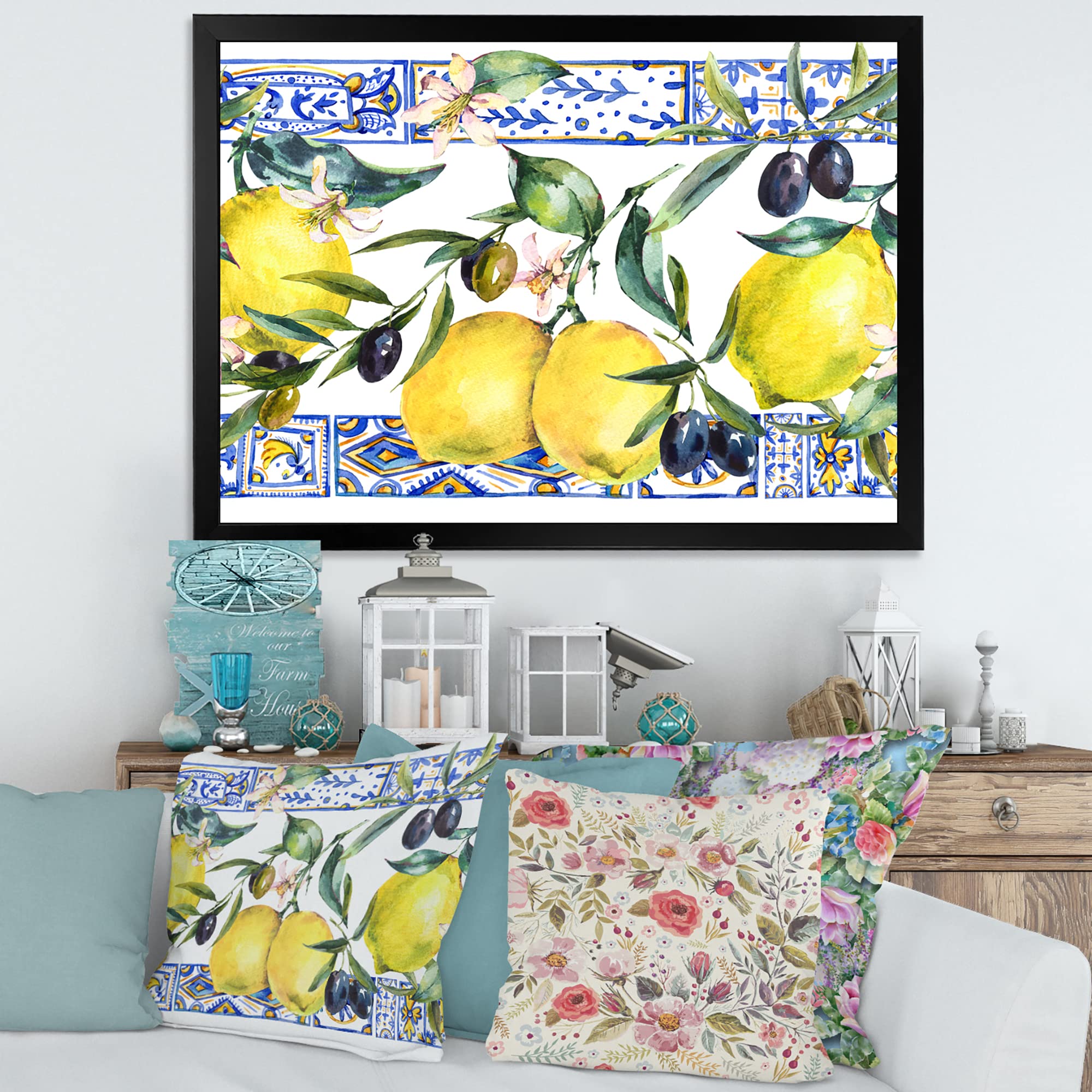 DesignQ Lemon Ornament on Blue Geometric Pattern II Tropical Framed Wall Art - Perfect for Kitchen, Dining Room & Beach House Decor
