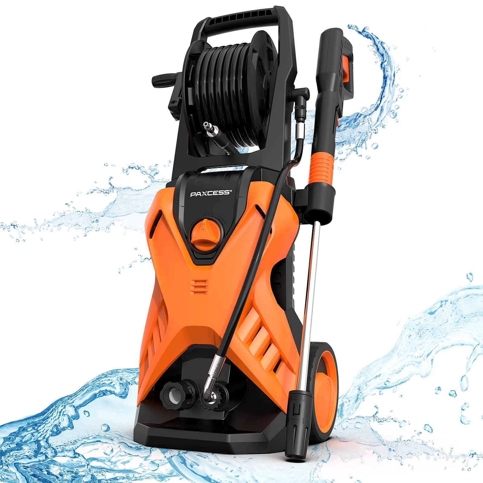 PAXCESS 3000PSI 2.5GPM Electric Pressure Washer with Adjustable Nozzle, Hose Reel & Foam Cannon - Powerful 1800W Cleaning for Cars, Driveways, Patios, Decks & Outdoor Surfaces | Heavy-Duty with Big Wheels for Easy Mobility