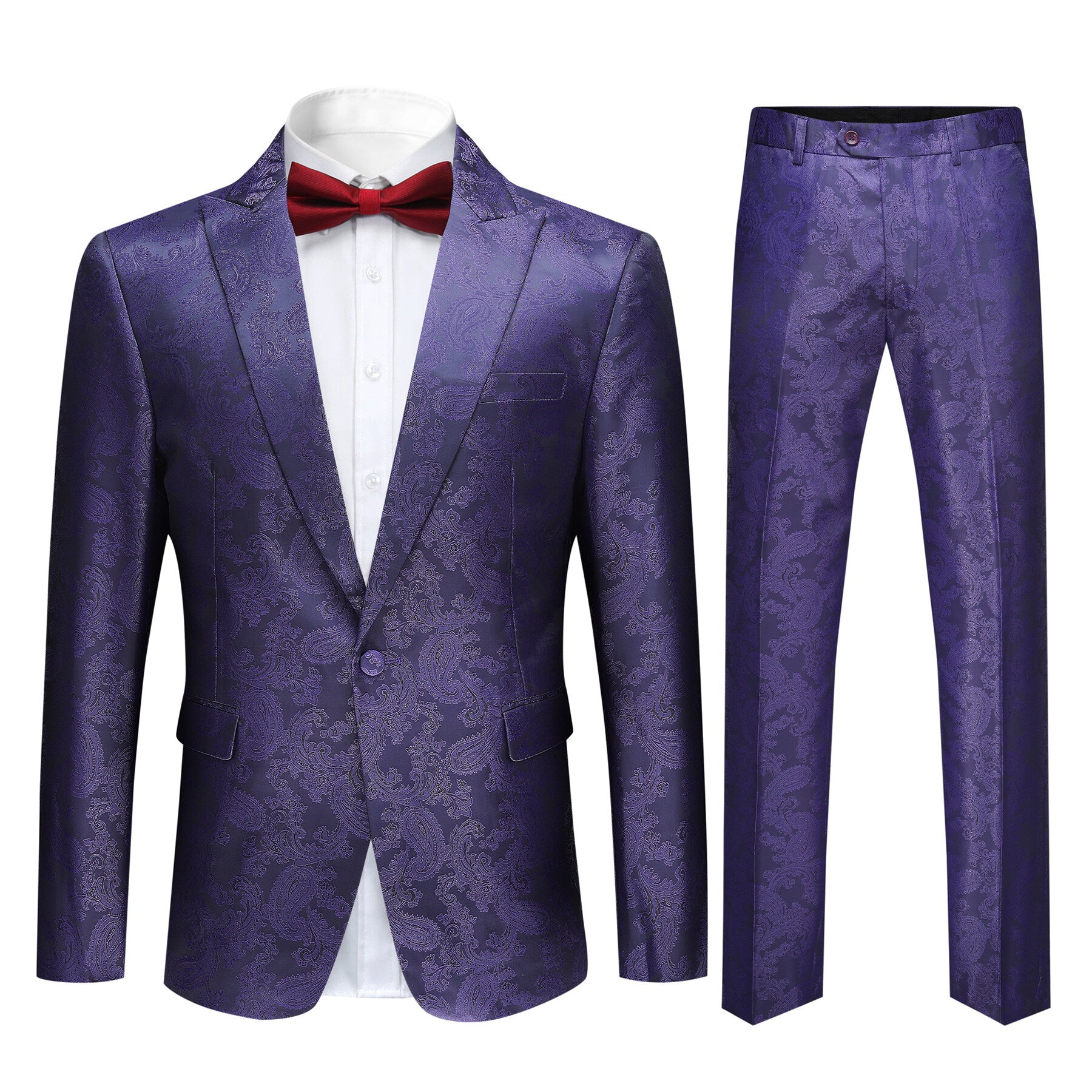 2 Piece Slim Fit Paisley Print Fashion Suit for Men - Purple Formal Wear | Perfect for Weddings, Parties & Business Events