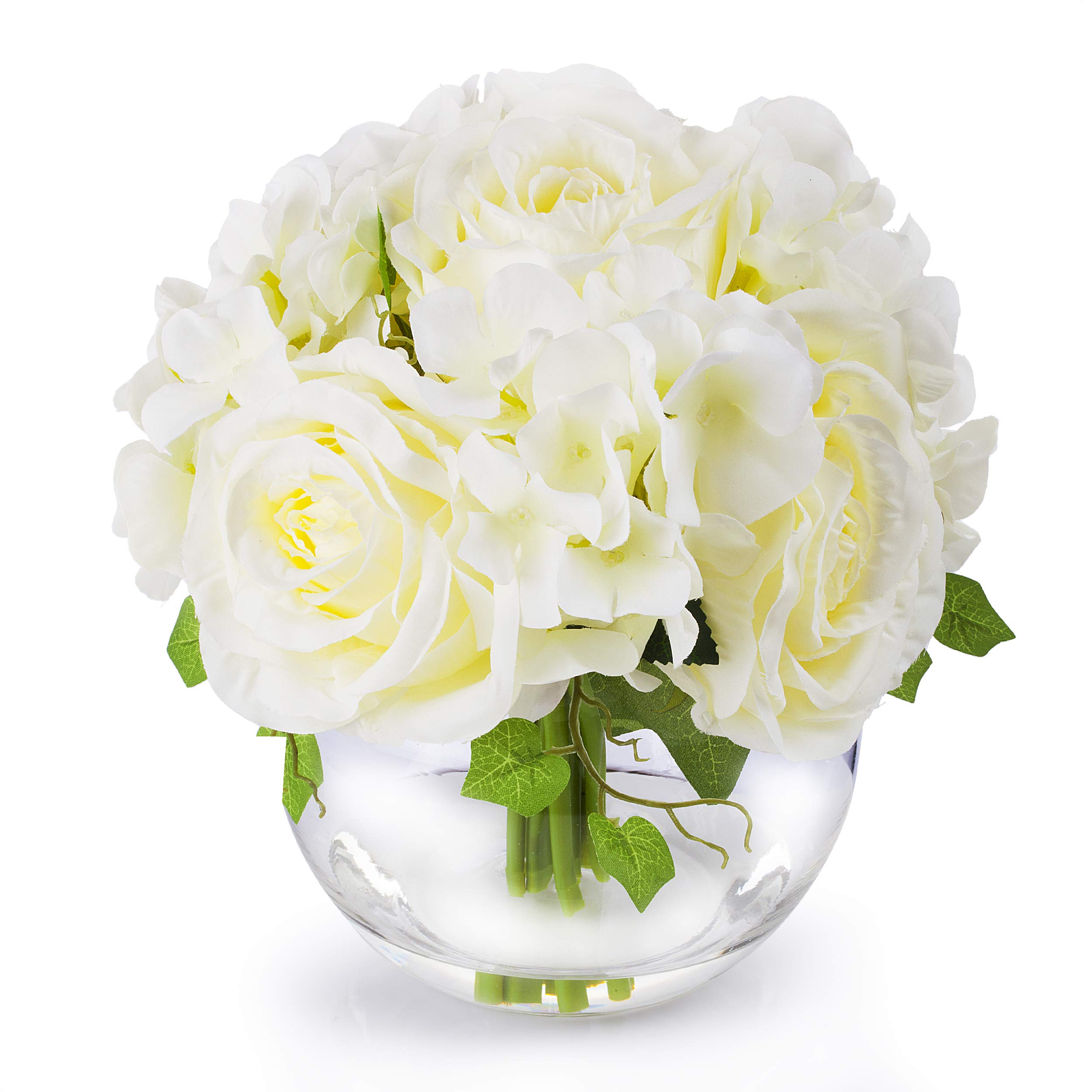 ENOVA HOME Mixed Silk Blooming Hydrangea and Rose Artificial Flower Arrangement in Clear Glass Vase with Faux Water - Cream Floral Centerpiece for Home Decor, Wedding, Table, Office & Event Decoration