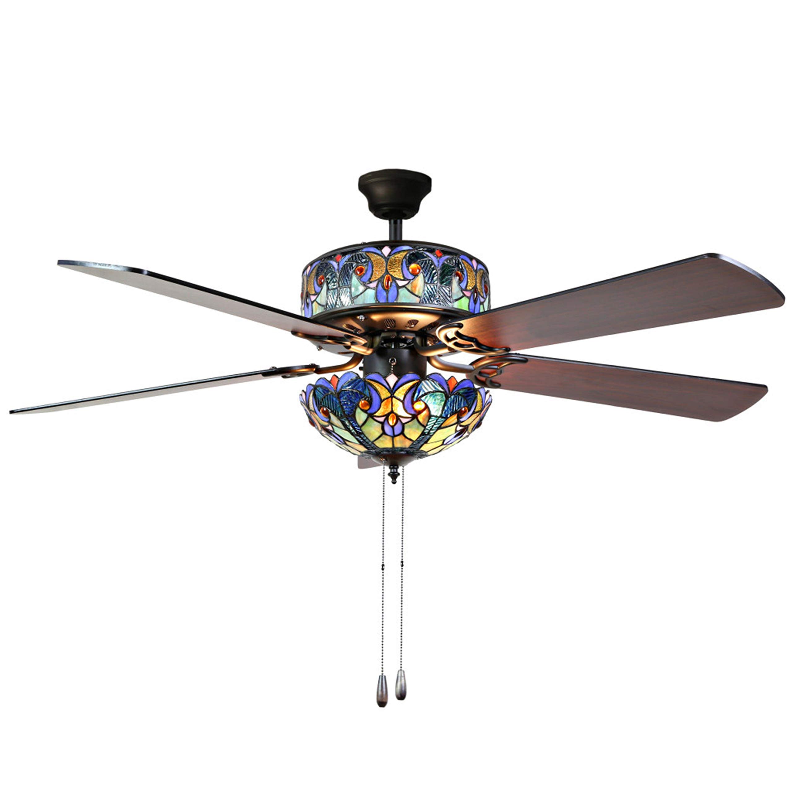 River of Goods Tiffany-Style Halston Stained Glass Ceiling Fan - 52 Inch Mahogany & Black Blades with Blue Glass - Vintage Home Decor for Living Room, Bedroom & Office