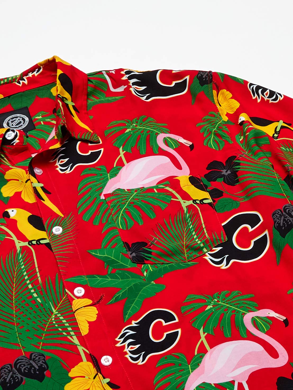 FOCO NHL Calgary Flames Men's Floral Tropical Hawaiian Button Up Shirt - Team Color Short Sleeve Casual Shirt for Beach Vacation, Summer Party & Game Day Outfits (XXXL)