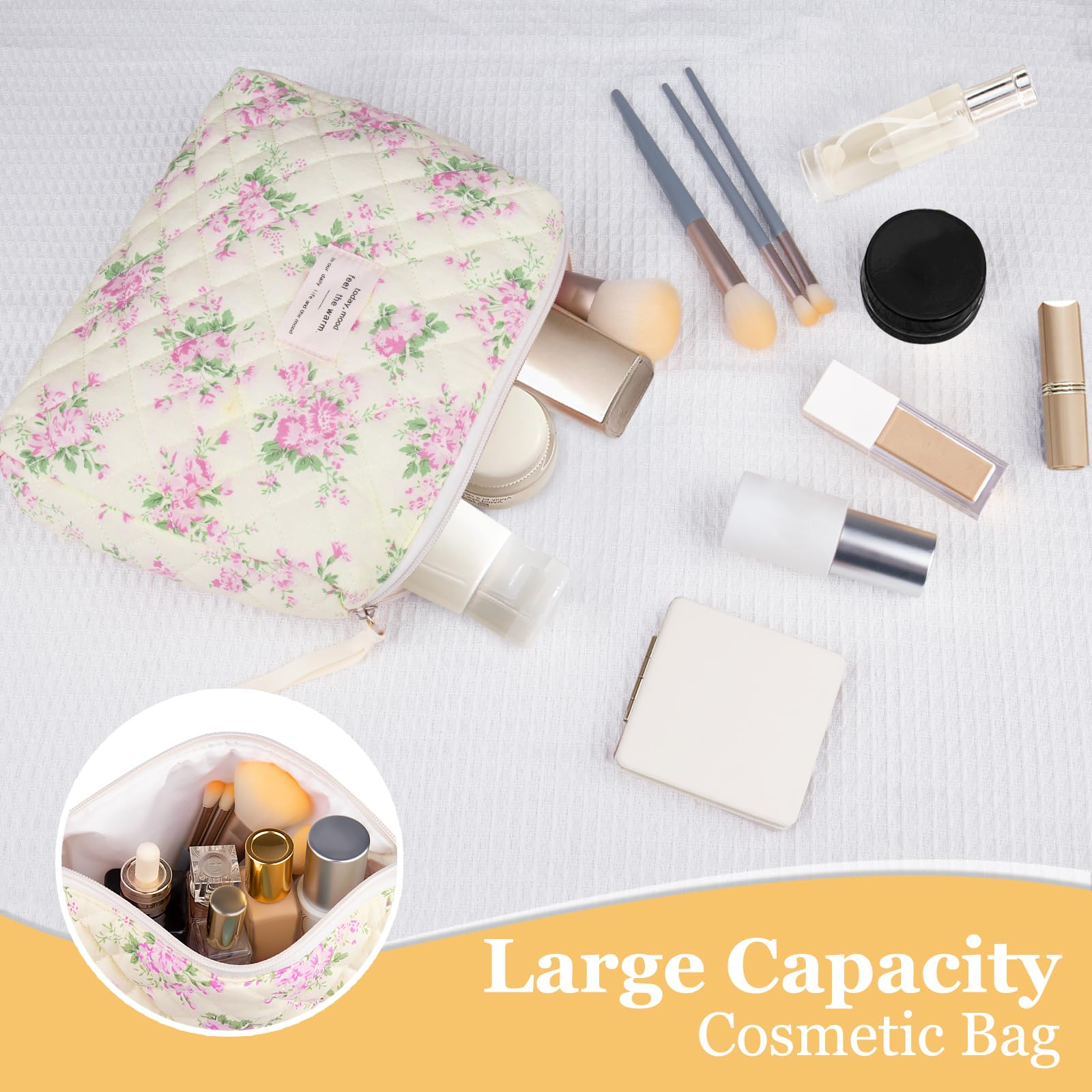Floral Makeup Bag for Women & Girls | Cute Cotton Quilted Cosmetic Bag | Travel Toiletry Organizer with Flower Design (Pink) - Perfect for Travel, Gym & Daily Essentials Storage
