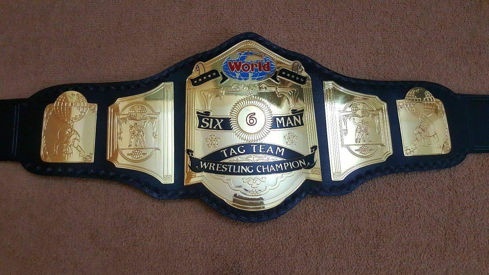 Maxan World SIX Man Championship Title Belt - 4mm Thick Brass Gold Plated Wrestling Belt for Adults - Perfect for Wrestling Tournaments, Cosplay & Collectors