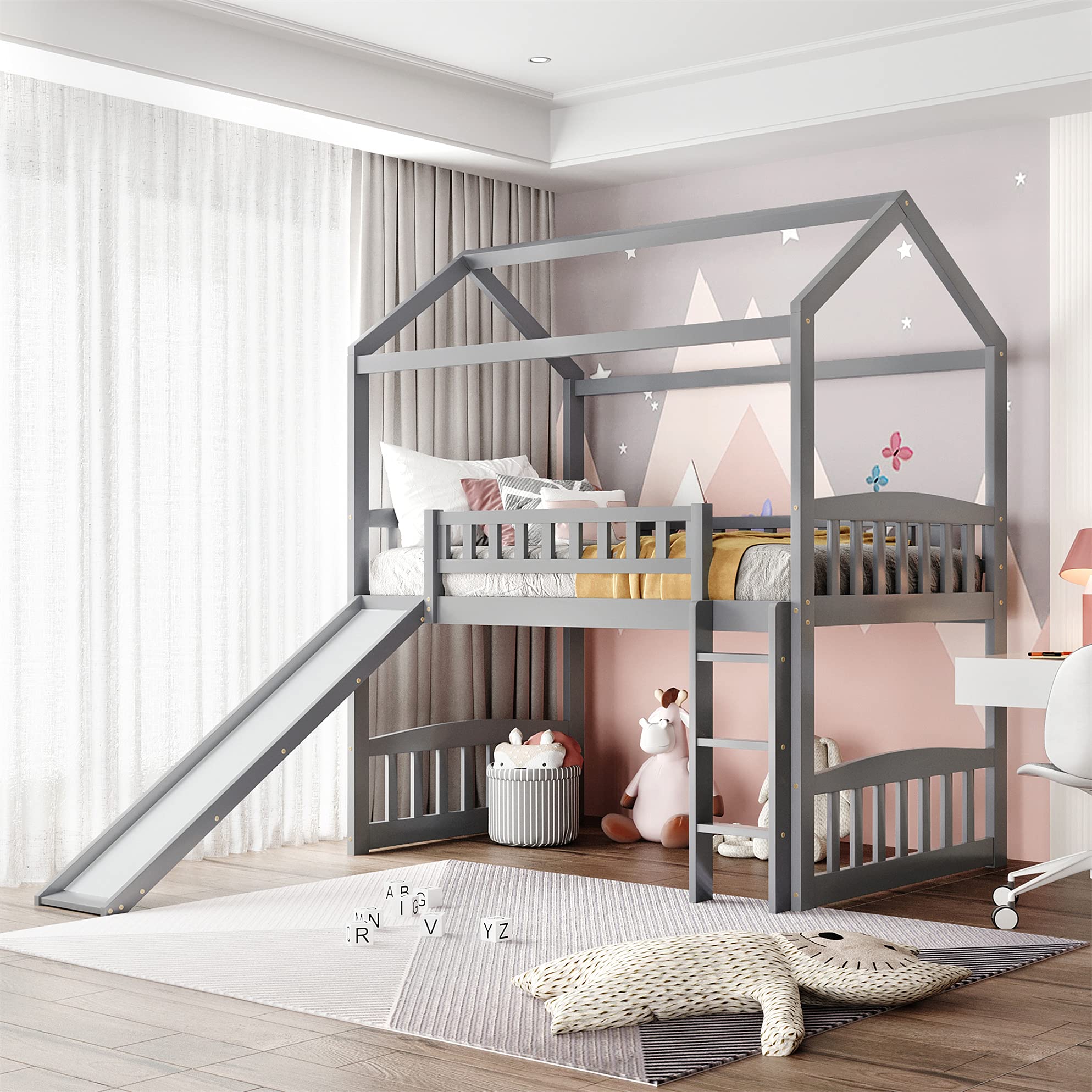 Harper & Bright Designs Twin Loft Bed with Slide, Ladder, Headboard & Footboard - Playhouse Loft Bed for Kids & Toddlers (Girls/Boys) - Gray - Perfect for Small Bedrooms, Playrooms & Kids' Sleepovers