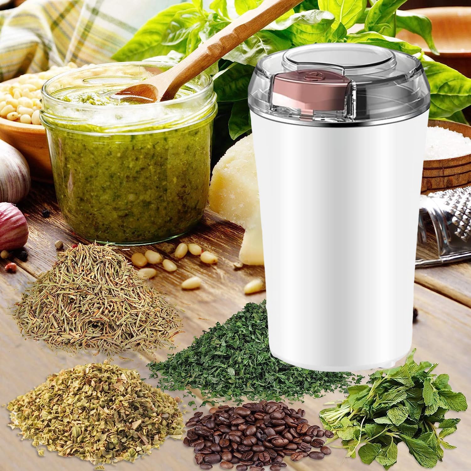 200W Electric Herb Grinder - Powerful Fast Grinding for Dry Spices, Flower Buds, Nuts & Coffee Beans - Includes Cleaning Brush & One-Touch Button - Perfect for Kitchen, Baking, Coffee Brewing & Herbal Preparations