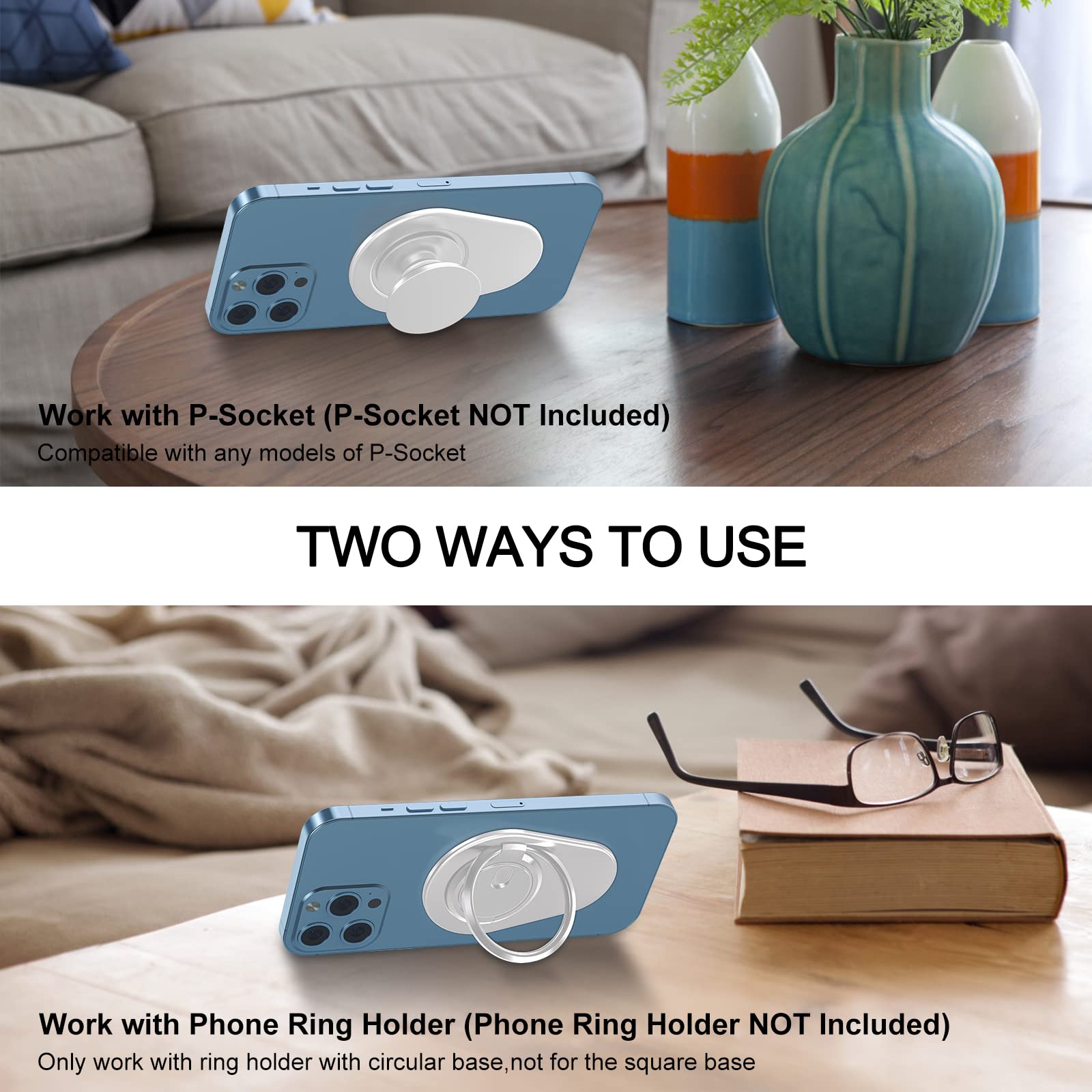 AUROX Magnetic Base Plate for iPhone 16 15 14 13 12 Series | Compatible with MagSafe, PopSocket, and Phone Ring Holder | Removable Wireless Charging | Silver | Perfect for Home, Office, and Travel Use