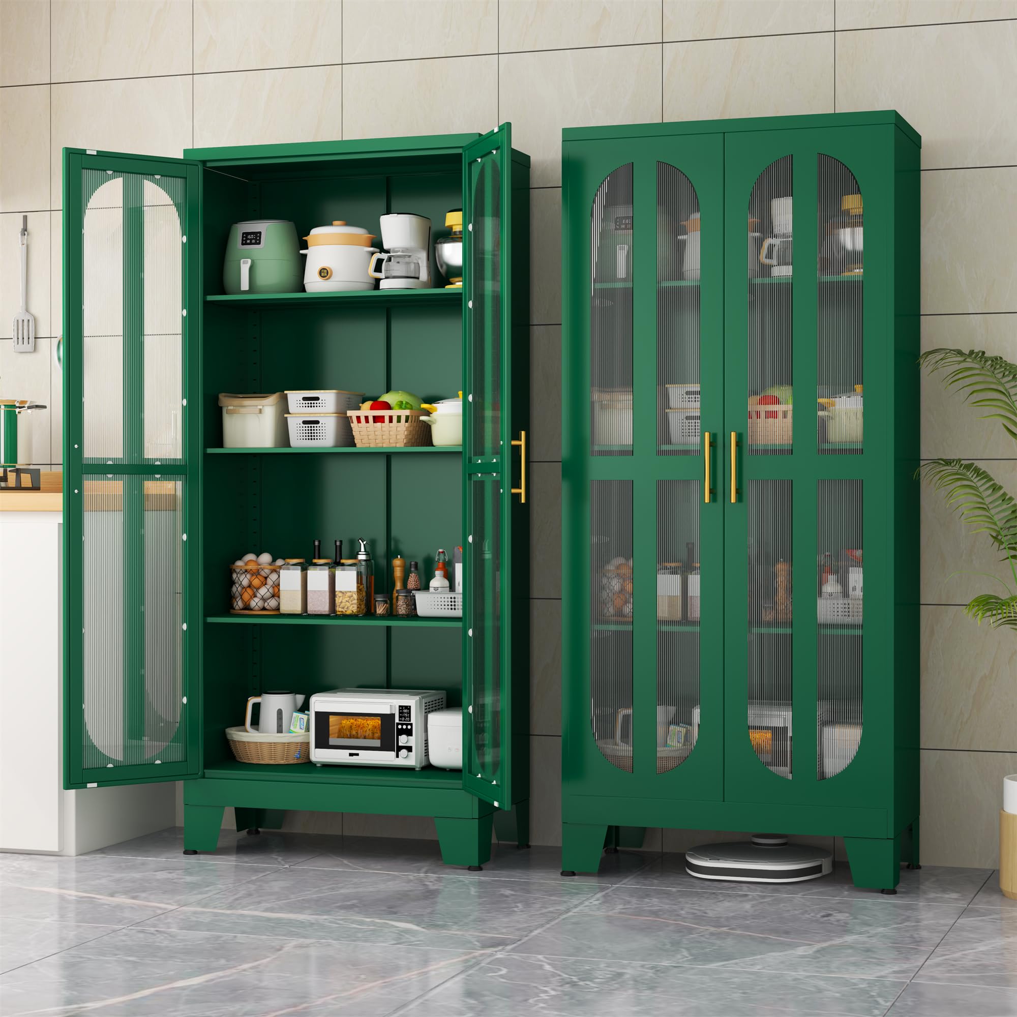 Stainless Steel Pantry Cabinet with Acrylic Glass Doors & Adjustable Shelves - 61 Inch Tall Kitchen Storage Organizer for Food, Dishes & Supplies - Perfect for Modern Kitchens, Dining Rooms & Laundry Areas