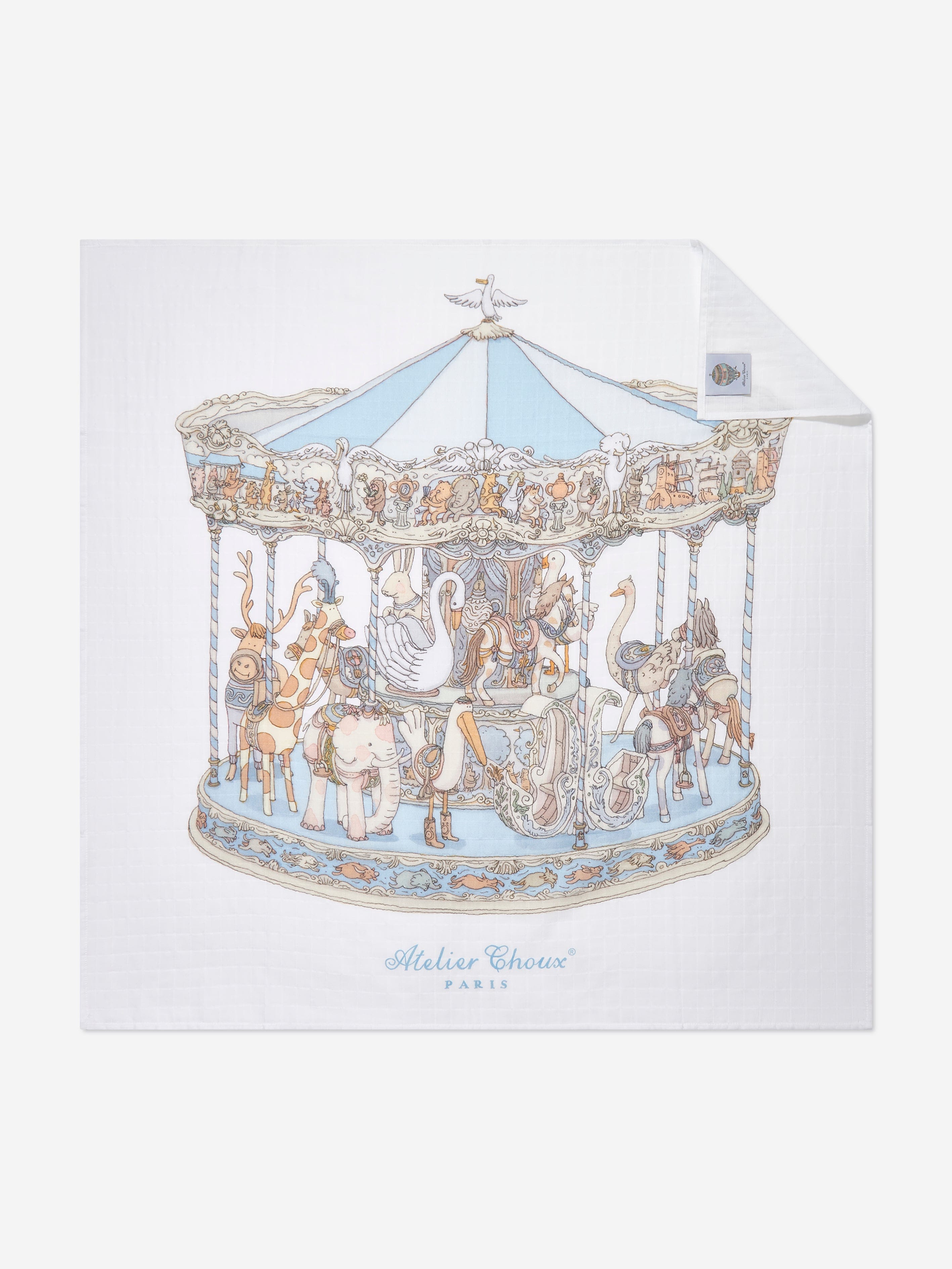 Atelier Choux Baby Boys Carousel Gift Set - Blue Cotton Swaddle Blanket & Romper | Perfect Baby Shower, Newborn Photo Shoot & Nursery Decor Gift