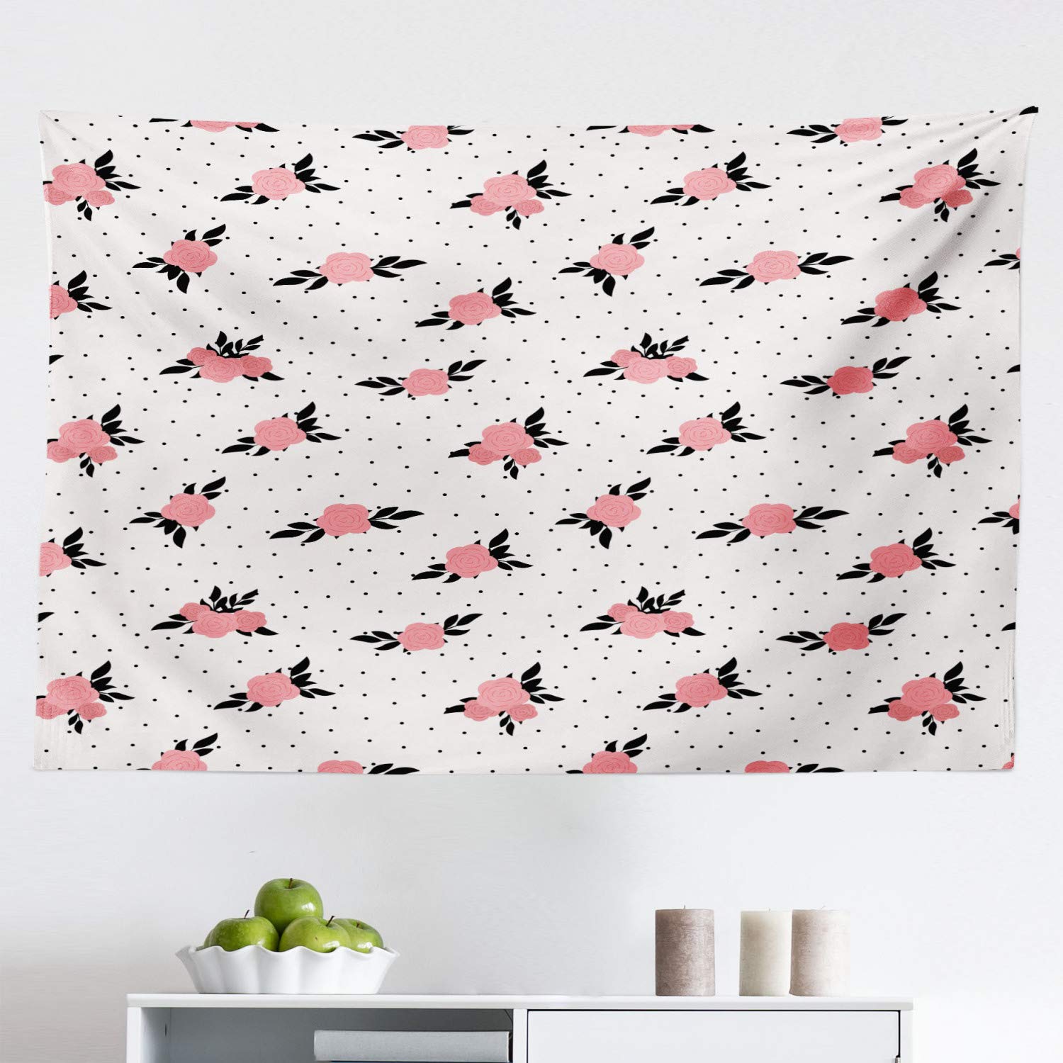 Ambesonne Floral Tapestry Wall Hanging - Rose Bouquets with Leaves on Polka Dot Background, 45x30 Inch Coral Pink Fabric Decor for Bedroom, Living Room, Dorm | Boho Chic Home Decor, Perfect for Wall Art, Photo Backdrops & Room Makeovers