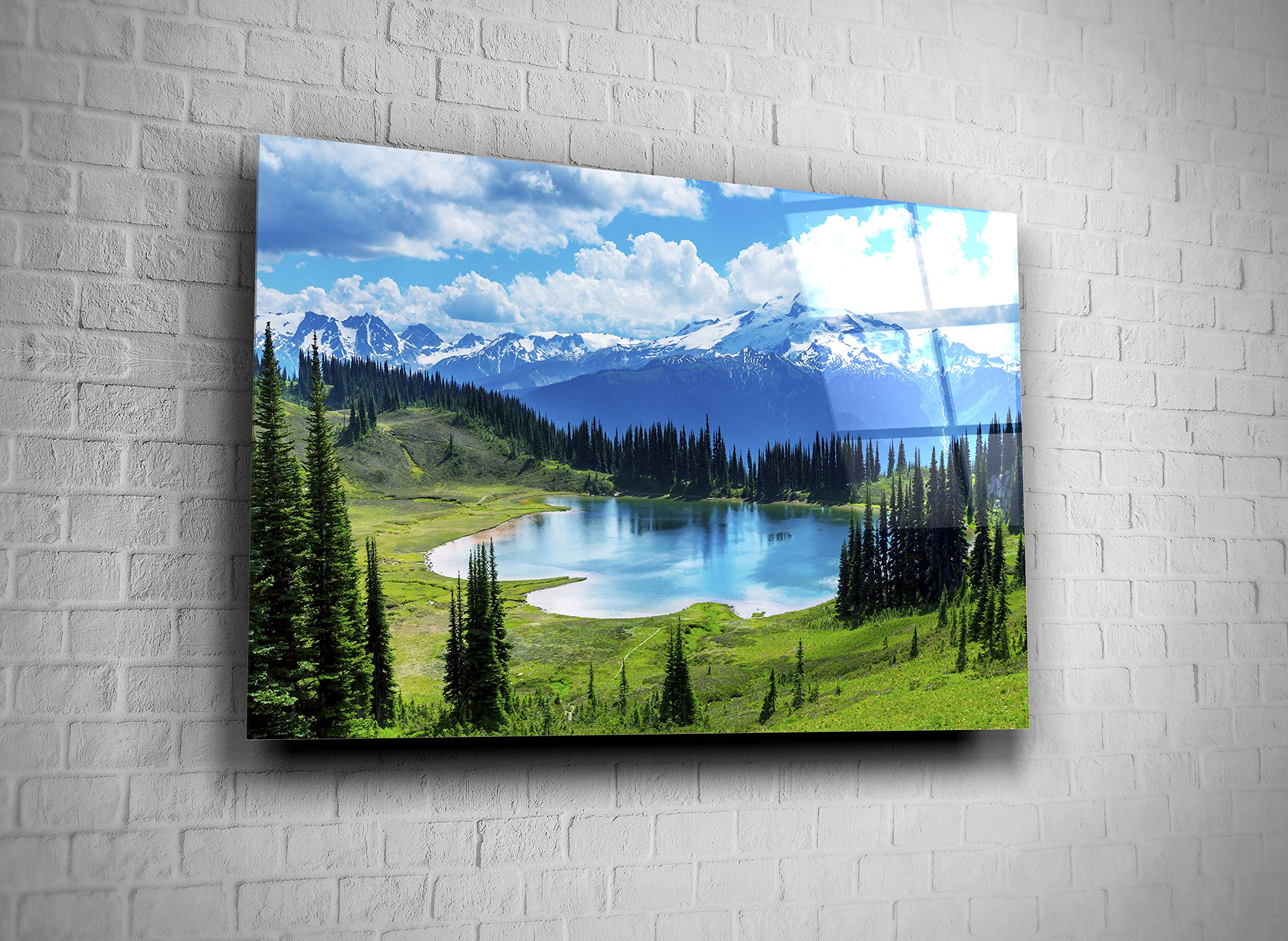 Stunning Nature Landscape Tempered Glass Wall Art - Lake, Forest, Mountains & Snow Peaks Print (24x36 inches) | Modern Home, Office & Hotel Decor | Perfect Gift for Nature Lovers & Wall Decor Enthusiasts | Ideal for Living Rooms, Bedrooms & Reception Areas