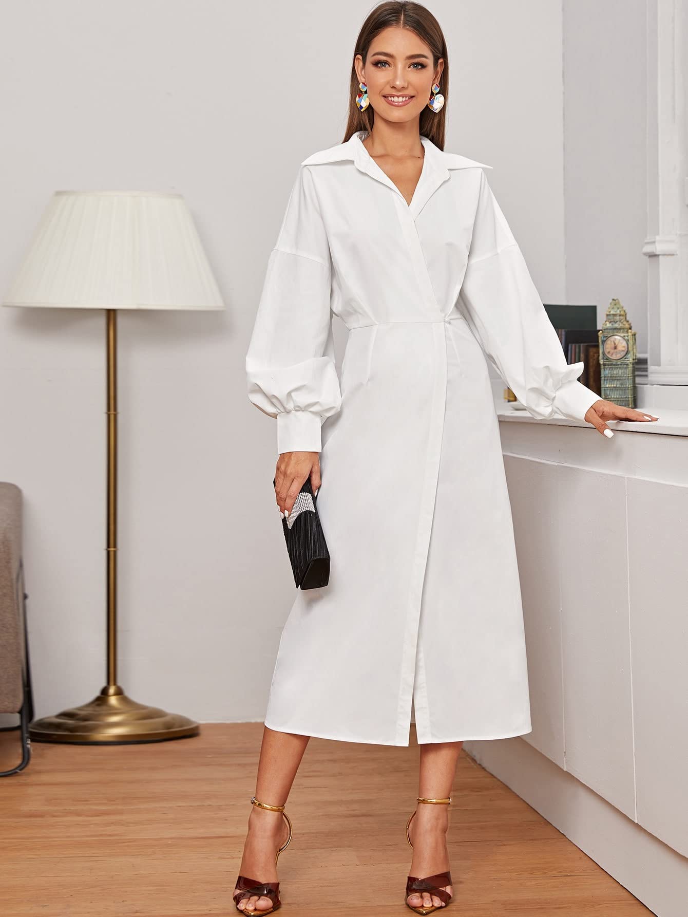 Elegant Summer Women's Long Sleeve Drop Shoulder Lantern Sleeve Shirt Dress - Perfect for Club Parties, Beach Vacations & Casual Outings