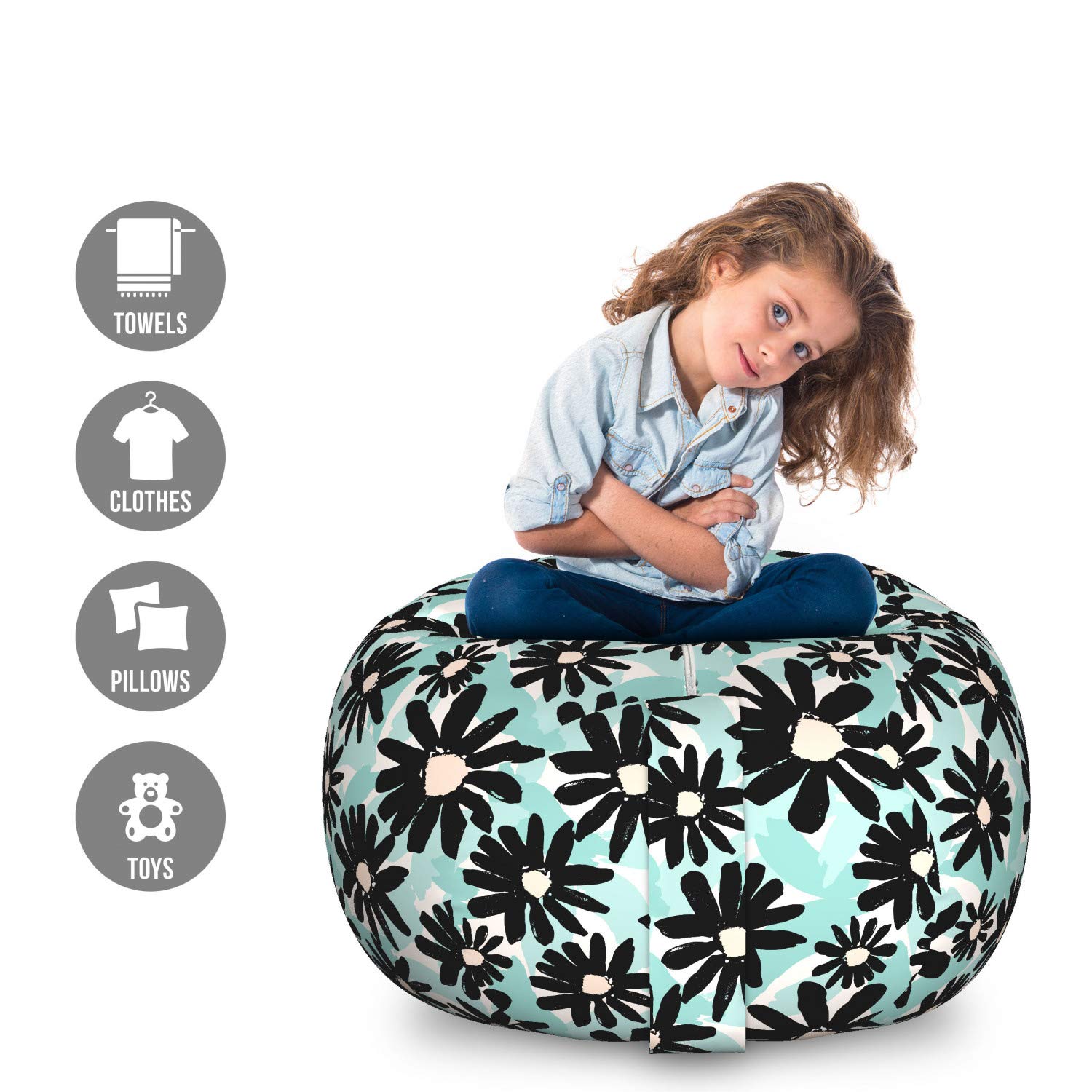 Ambesonne Floral Toy Storage Bag Chair - Large Washable Stuffed Animal Organizer with Bold Paintbrush Flower Design in Seafoam Multicolor - Perfect for Kids' Room, Playroom & Nursery Organization