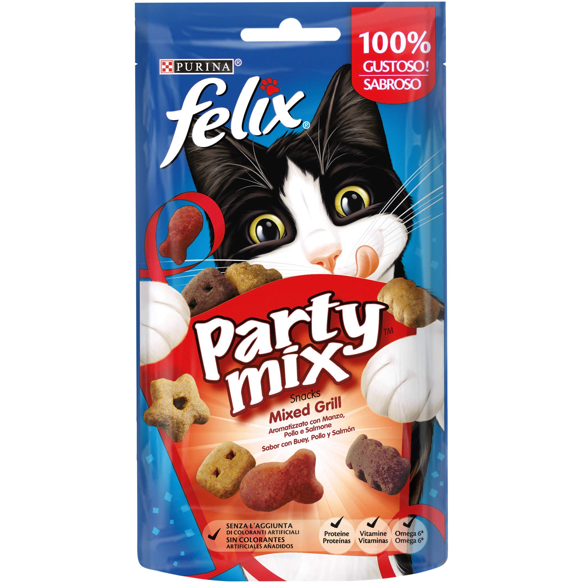 Purina Party Mix Cat Treats with Beef, Chicken & Salmon - Grain-Free Snacks for Cats - 8 Packs (60g Each) - Perfect for Training Rewards, Bonding Time & Special Occasions