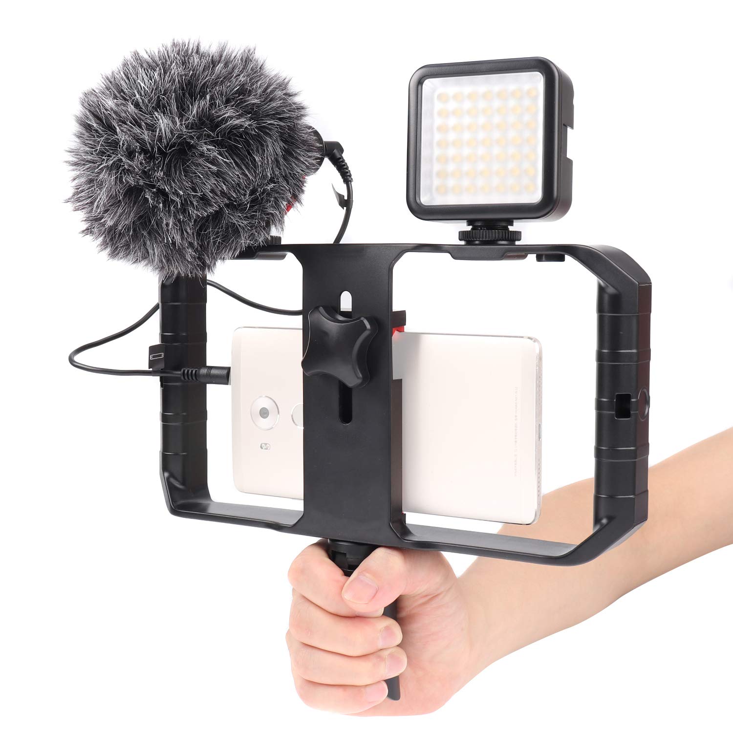 FocusFoto PRO U-Rig Smartphone Video Cage Stabilizer with BOYA-MM1 Mic, 49 LED Light & Mini Tripod - iPhone Filmmaking Kit for YouTube, Vlogging & Content Creation