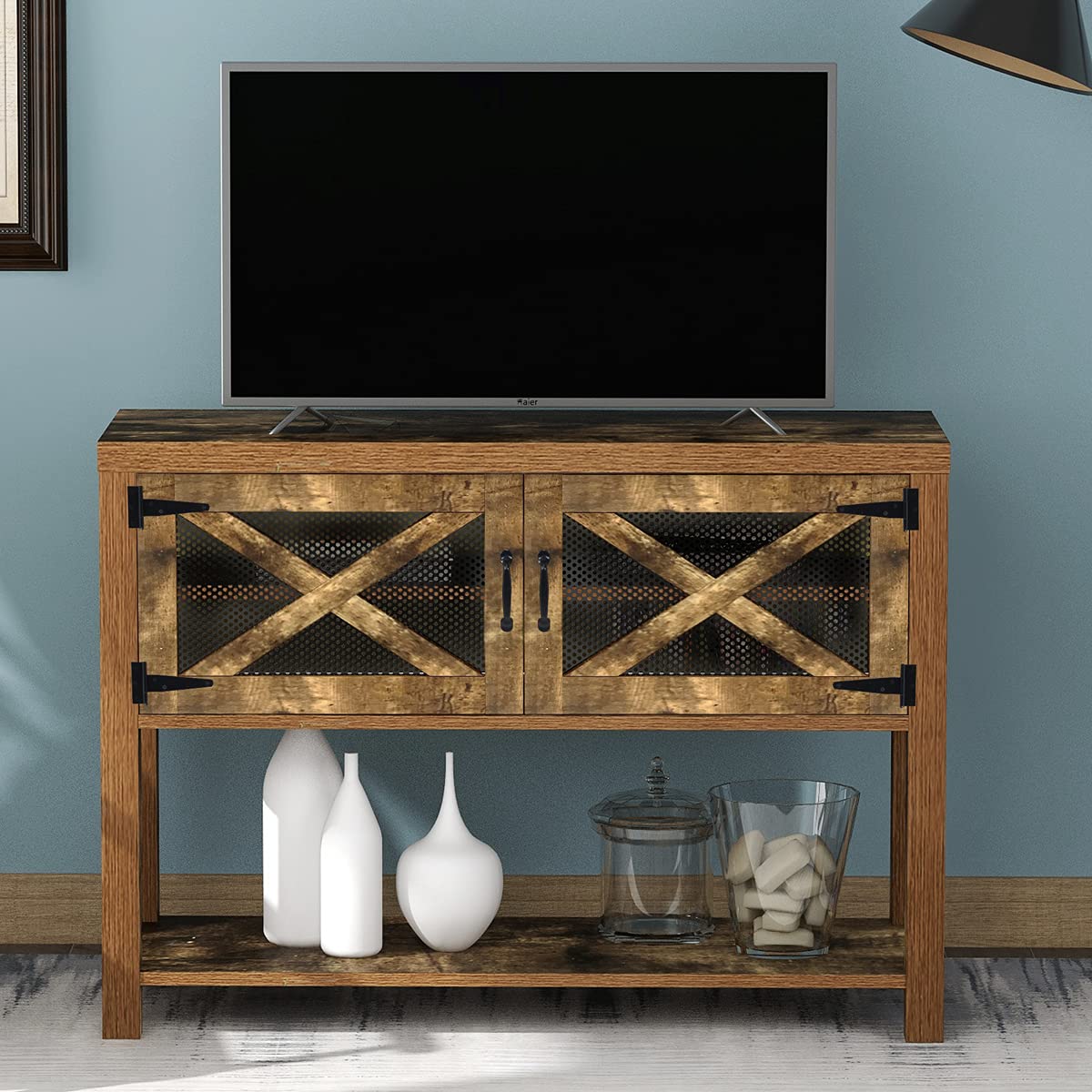 Teeker 44 Inch TV Stand - Industrial Farmhouse Style Wood & Metal Entertainment Center with Storage Cabinets & Shelves for TVs Up to 44 Inches, Dark Brown - Perfect for Living Room, Bedroom & Home Theater Setup