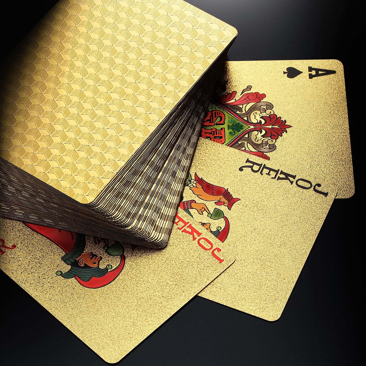 24K Gold Diamond Foil Poker Cards - 2 Decks Waterproof Plastic Playing Cards with Gift Box | Premium Casino & Family Game Night Accessories | Perfect for Poker, Blackjack, and Party Games (Cool Gold & Black Rhombus Design)