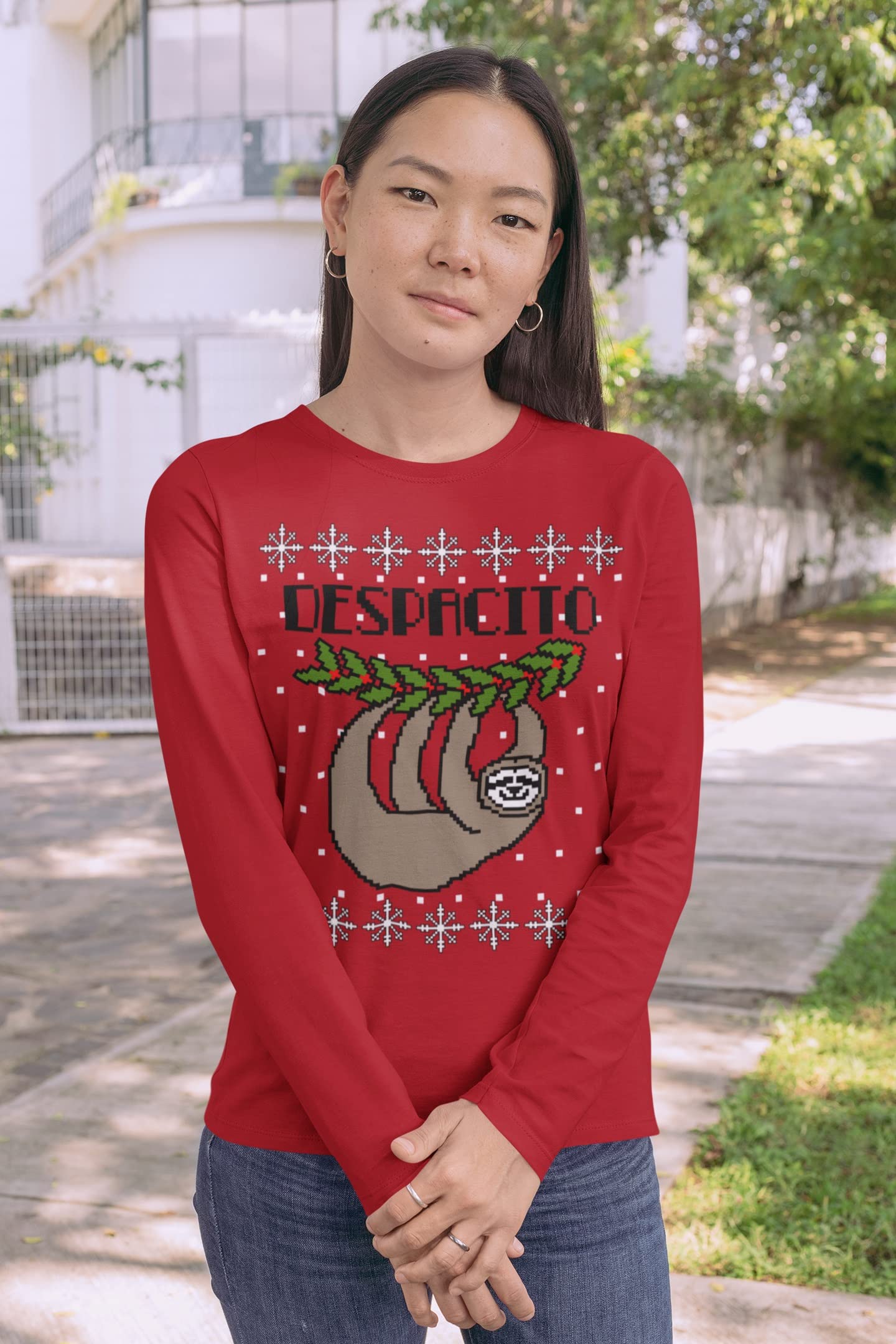 Funny Sloth Ugly Christmas Sweater for Women - Long Sleeve Holiday T-Shirt with 'Despacito Means Slow' Print - Perfect for Xmas Parties & Festive Family Gatherings