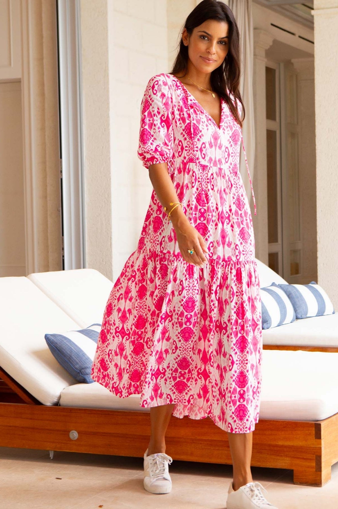 Virginia EcoVero™ Midi Dress - Sustainable Ikat Print in Pink & White | Perfect for Summer Weddings & Beach Vacations