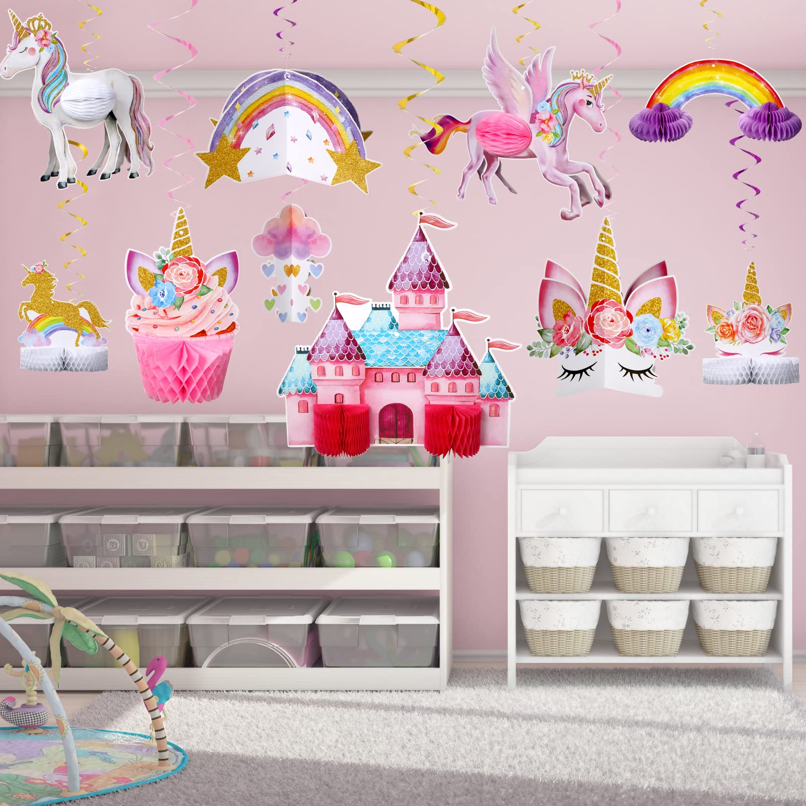 10 Pcs Unicorn Rainbow Honeycomb Centerpieces - Hanging Swirl Table Decorations for Girls Birthday Party, Baby Shower & Bridal Shower - Shiny Unicorn Toppers for Party Supplies & Home Decor