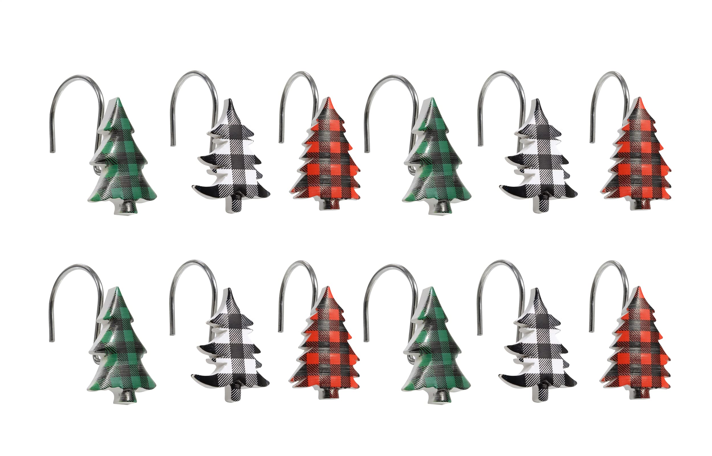 Estmy Buffalo Plaid Christmas Tree Shower Curtain Hooks - Set of 12 Rustproof Resin Hooks for Farmhouse Bathroom Decor, Xmas Theme Holiday Home Accessories - Perfect for Christmas Bathroom, Kitchen, and Farmhouse Decorations