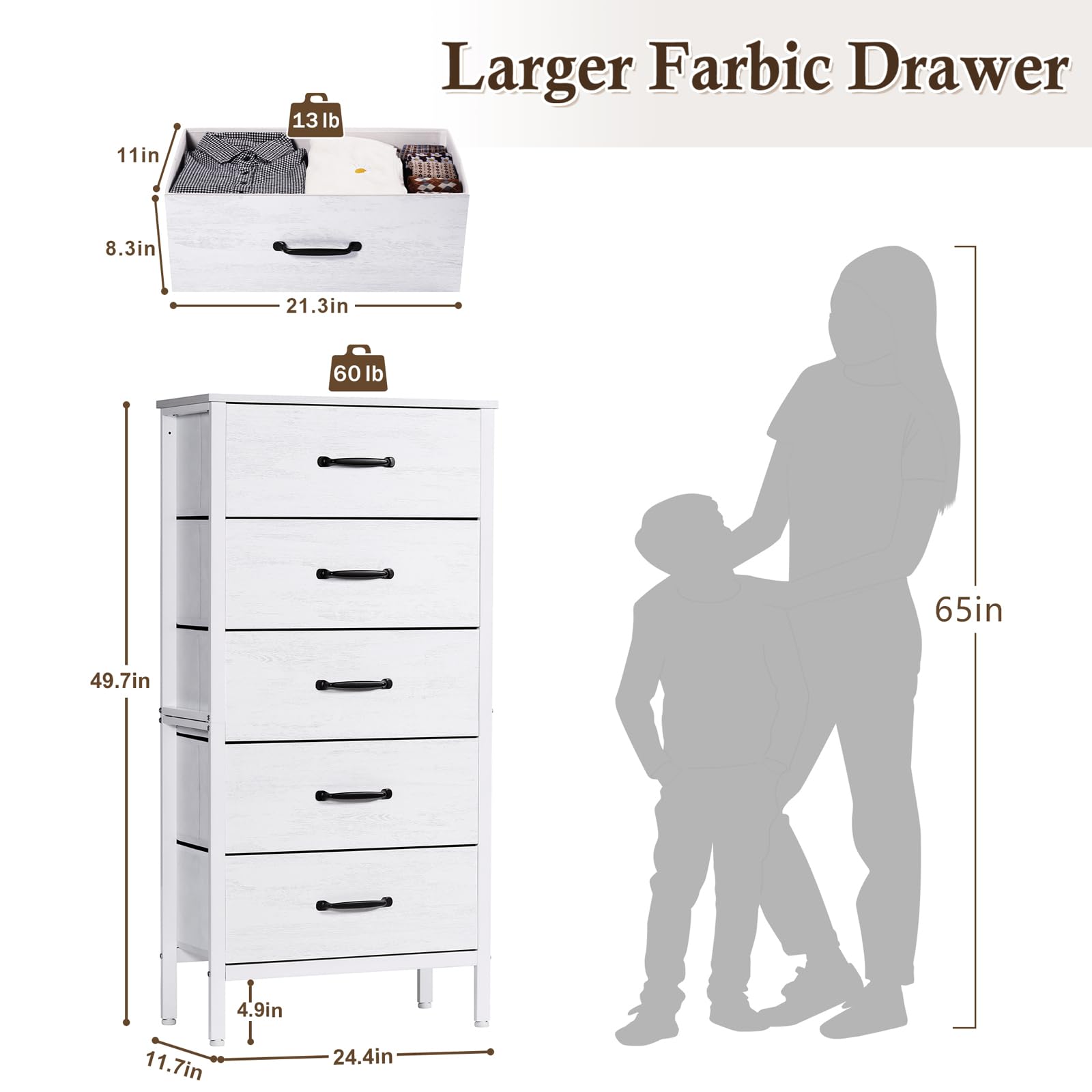 LYNCOHOME White 5-Drawer Fabric Dresser for Bedroom, Tall Storage Chest with Fabric Drawers - Perfect for Bedroom Organization, Coat Closet & Entryway Storage