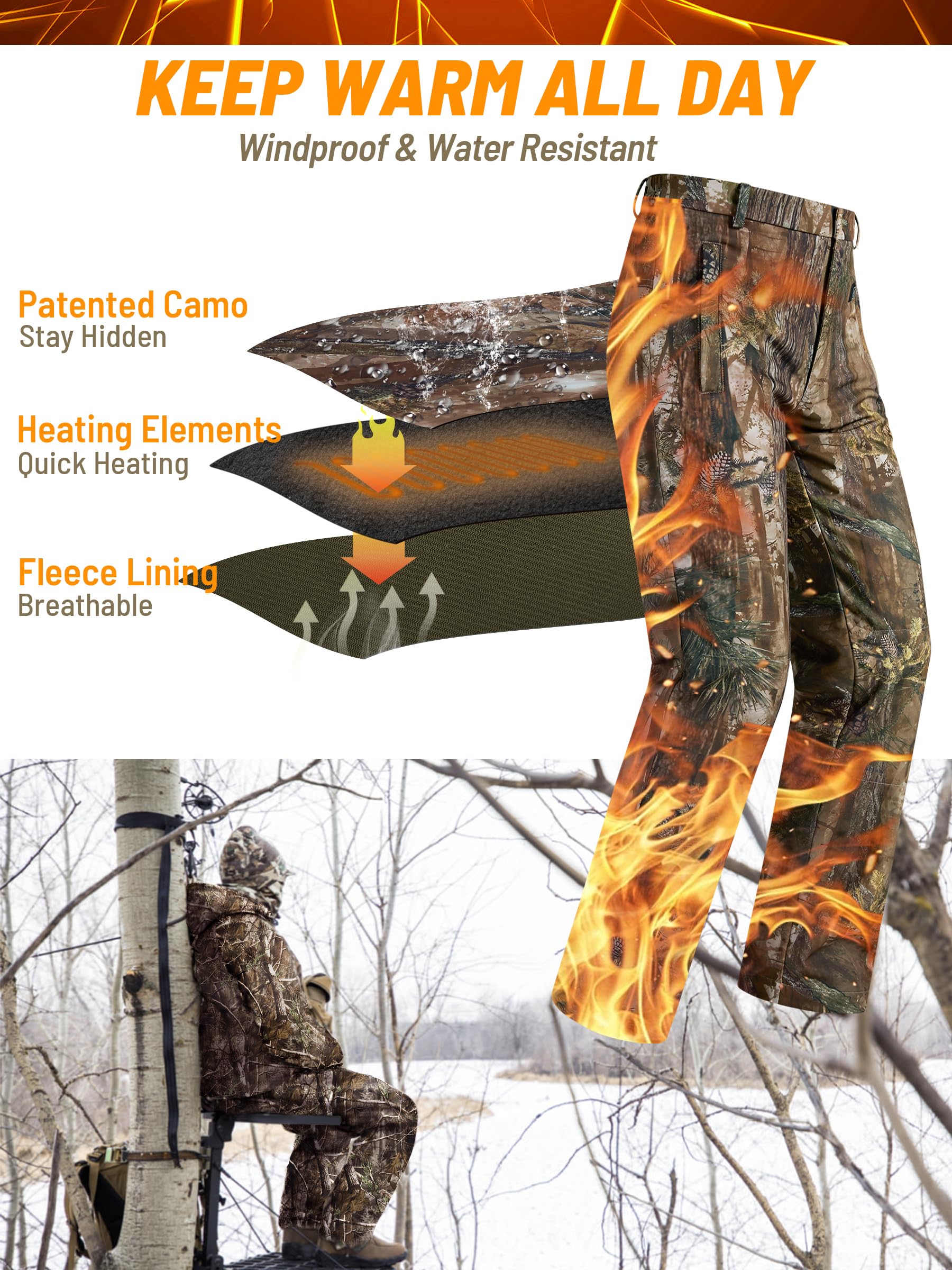 NEW VIEW Men's Camo Heated Pants with 10000mAh Battery Pack - Fleece Lined Winter Hunting Pants for Cold Weather - Perfect for Outdoor Activities, Camping & Winter Sports